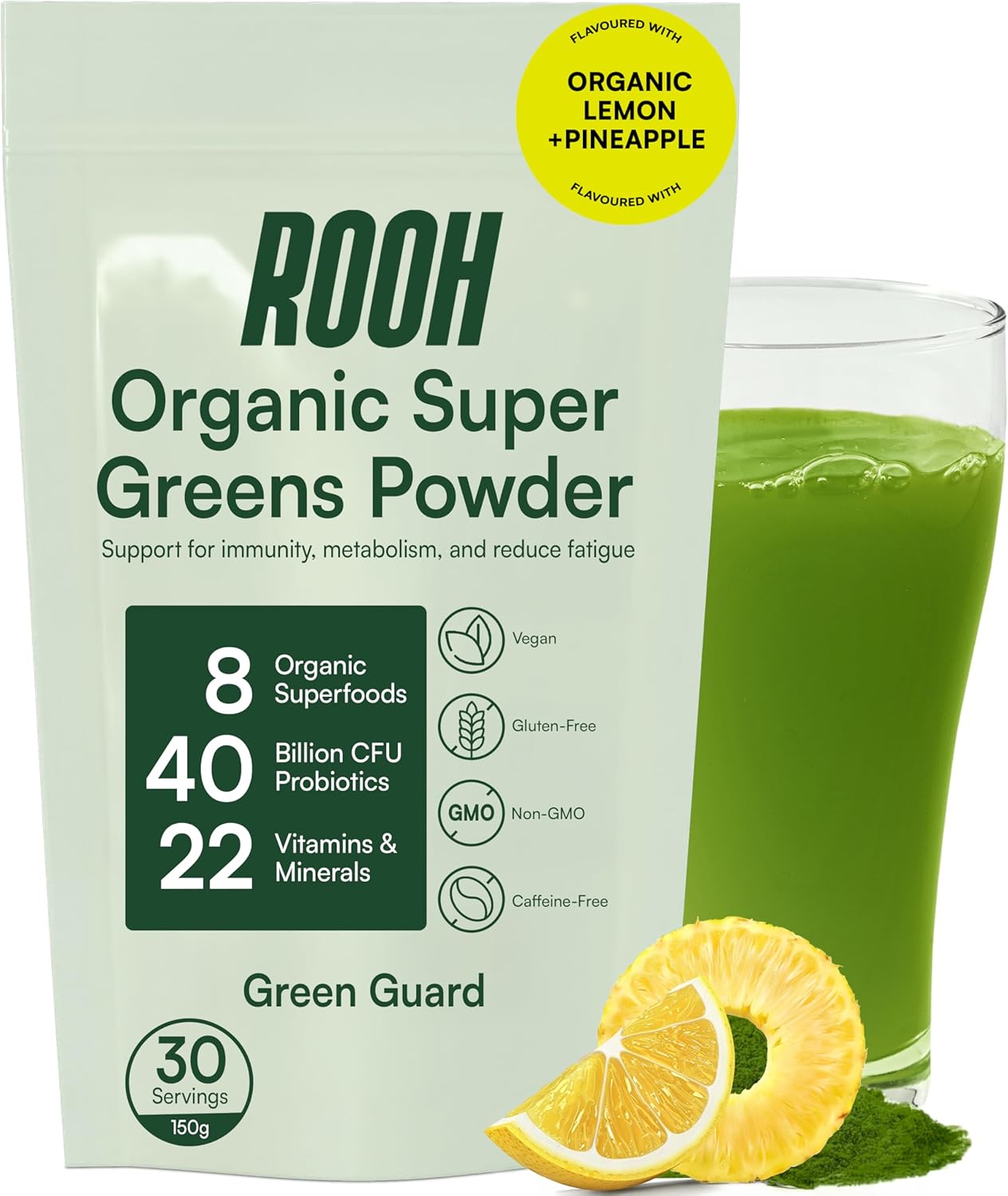 Green Guard Super Greens Powder No Additives by ROOH - UK Made Organic Greens Powder - 8 Superfoods Like Moringa & Spirulina, 22 Vitamins & Minerals, 40B Probiotics, Vegan, Gluten-Free - 30 Servings