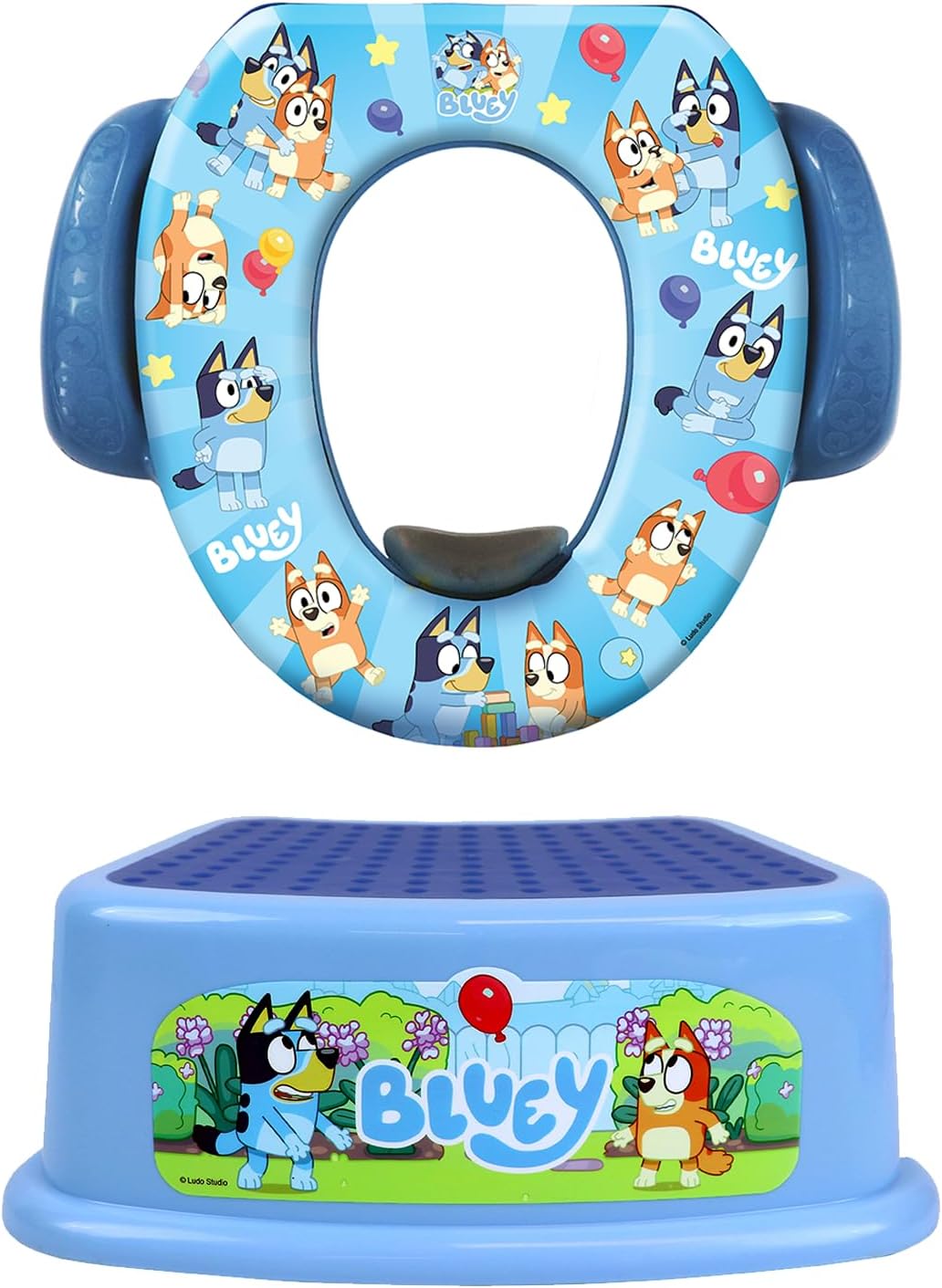 Bluey Potty Training Set, 2 pieces combine soft potty seat and a non-slip step stool, for toddlers and kids, potty training with fun Bluey characters.