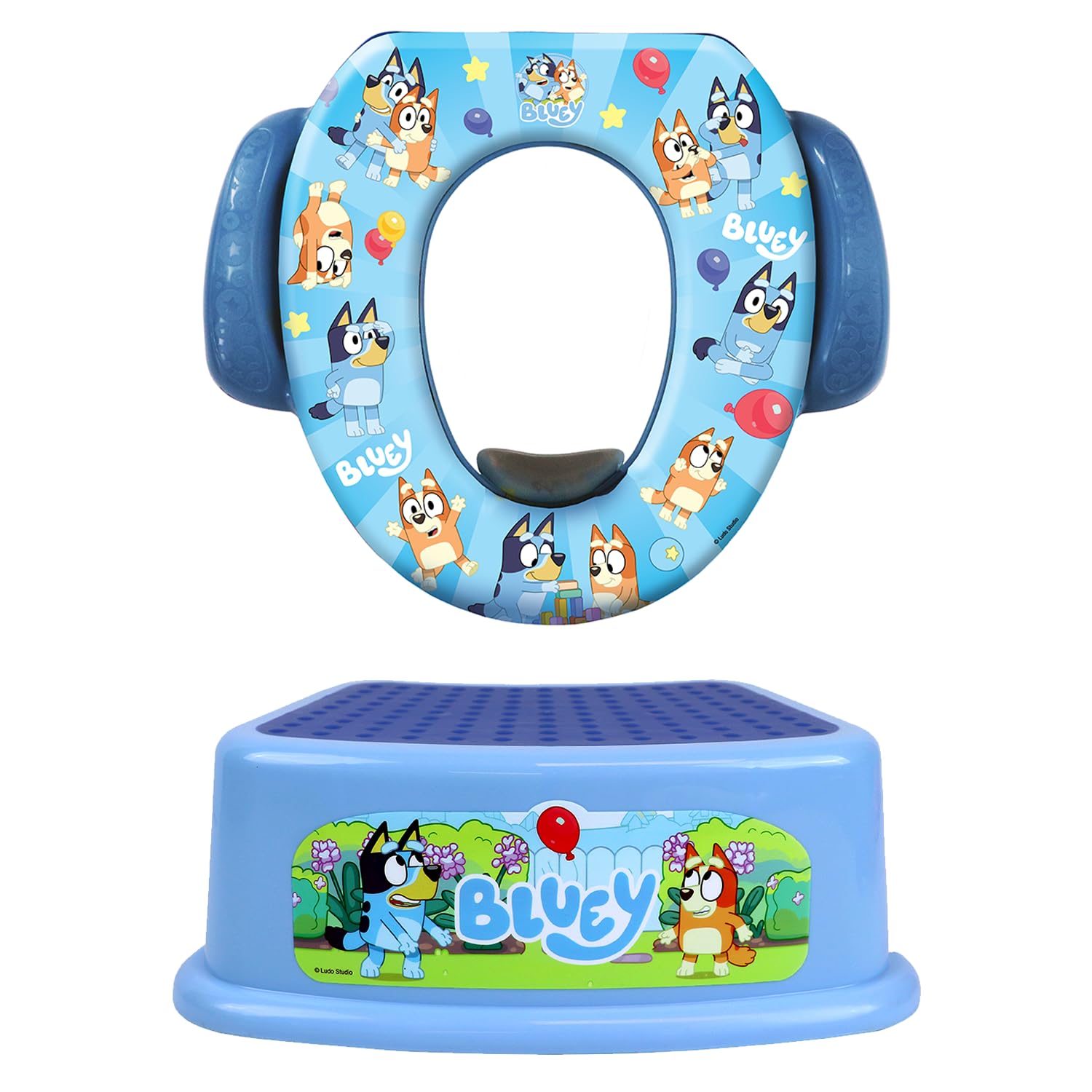 Bluey Potty Training Set, 2 pieces combine soft potty seat and a non-slip step stool, for toddlers and kids, potty training with fun Bluey characters.