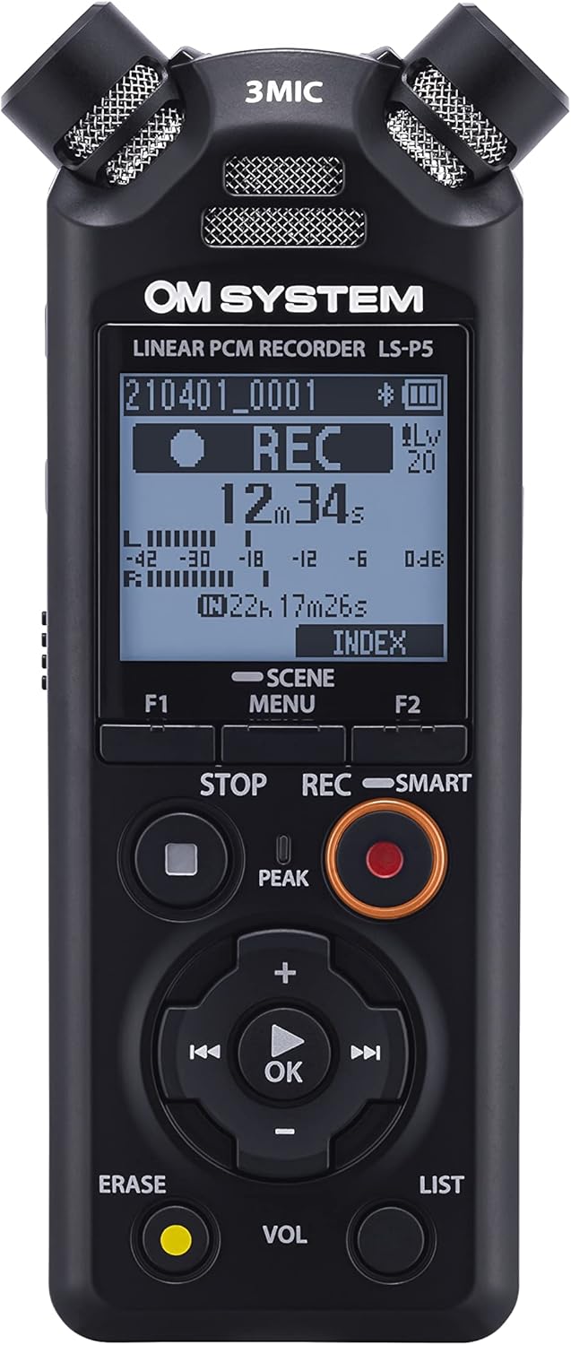 OM SYSTEM LS-P5 Hi-Res Audio Recorder with Tresmic II 3-Microphone System, widespread Directional Control, Built-in Bluetooth for Headphone Monitoring and Smartphone Control, 16 GB memory, 37h runtime