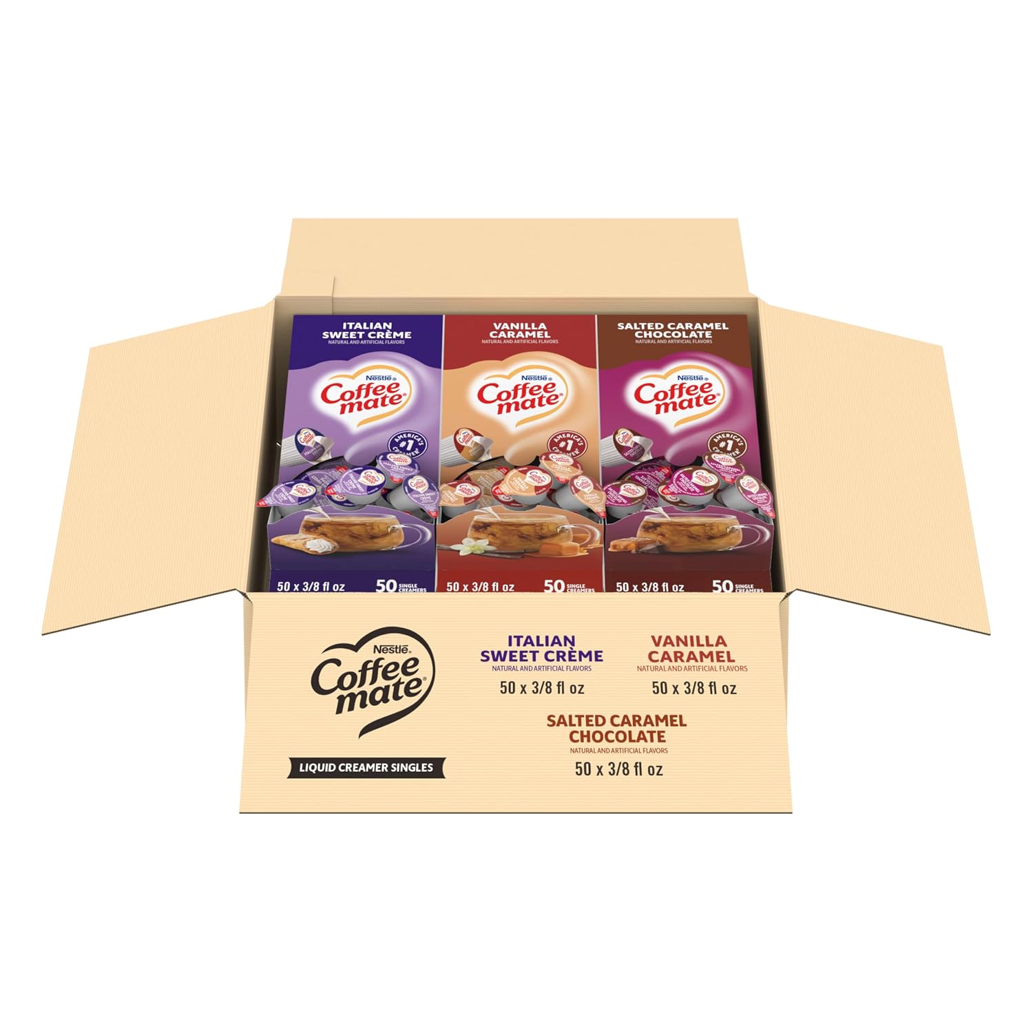 Nestle Coffee mate Creamer Singles Variety Pack, Italian Sweet Creme, Salted Caramel Chocolate, Vanilla Caramel Non Dairy, No Refrigeration, 0.375 fl oz Tubs, 150 Count (Pack of 50 Per Flavor)