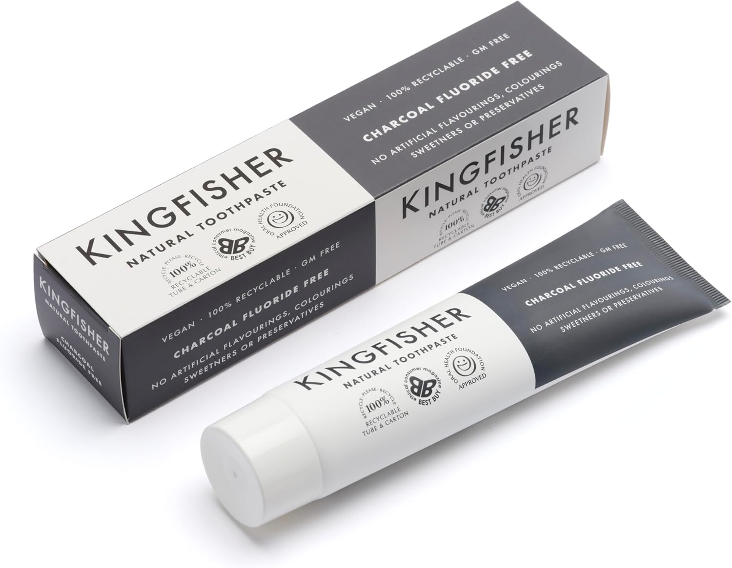 Kingfisher Natural Toothpaste Charcoal Mint Fluoride-Free | Vegetarian & Vegan | Oral Health Foundation Approved | Gluten-Free & GM-Free | Ethical Consumer Best Buy | 1x100ml Tube