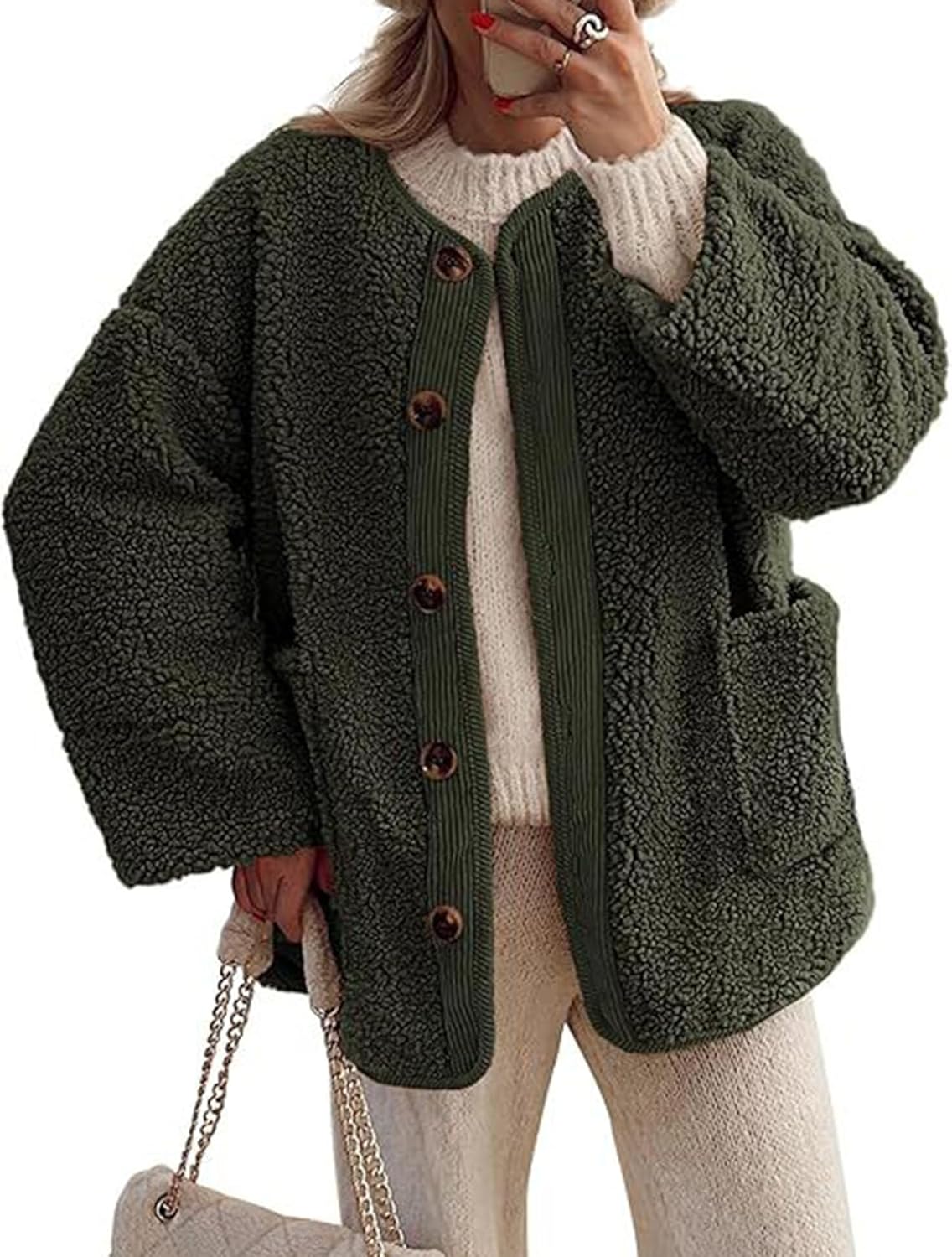Eisctnd Women's Fuzzy Fleece Jacket SolidColor Long Sleeve Open Front Coats Lightweight Casual Outerwear with Pocket