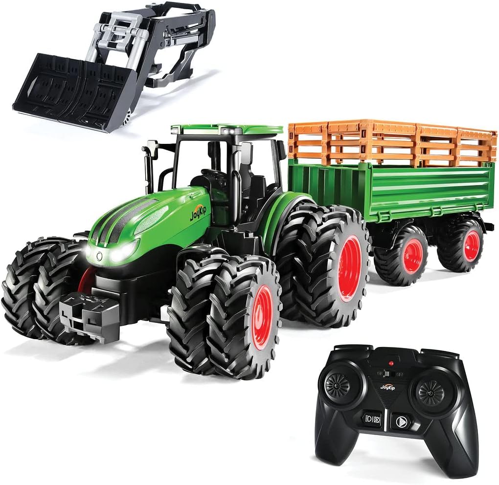 Remote Control Truck and Trailer Set RC Kids Tractor Farm Toy with Lights and Sound - Front Loader, Metal Cab, 8 Wheels - Gift for 3-8 Years Old Boys & Girls