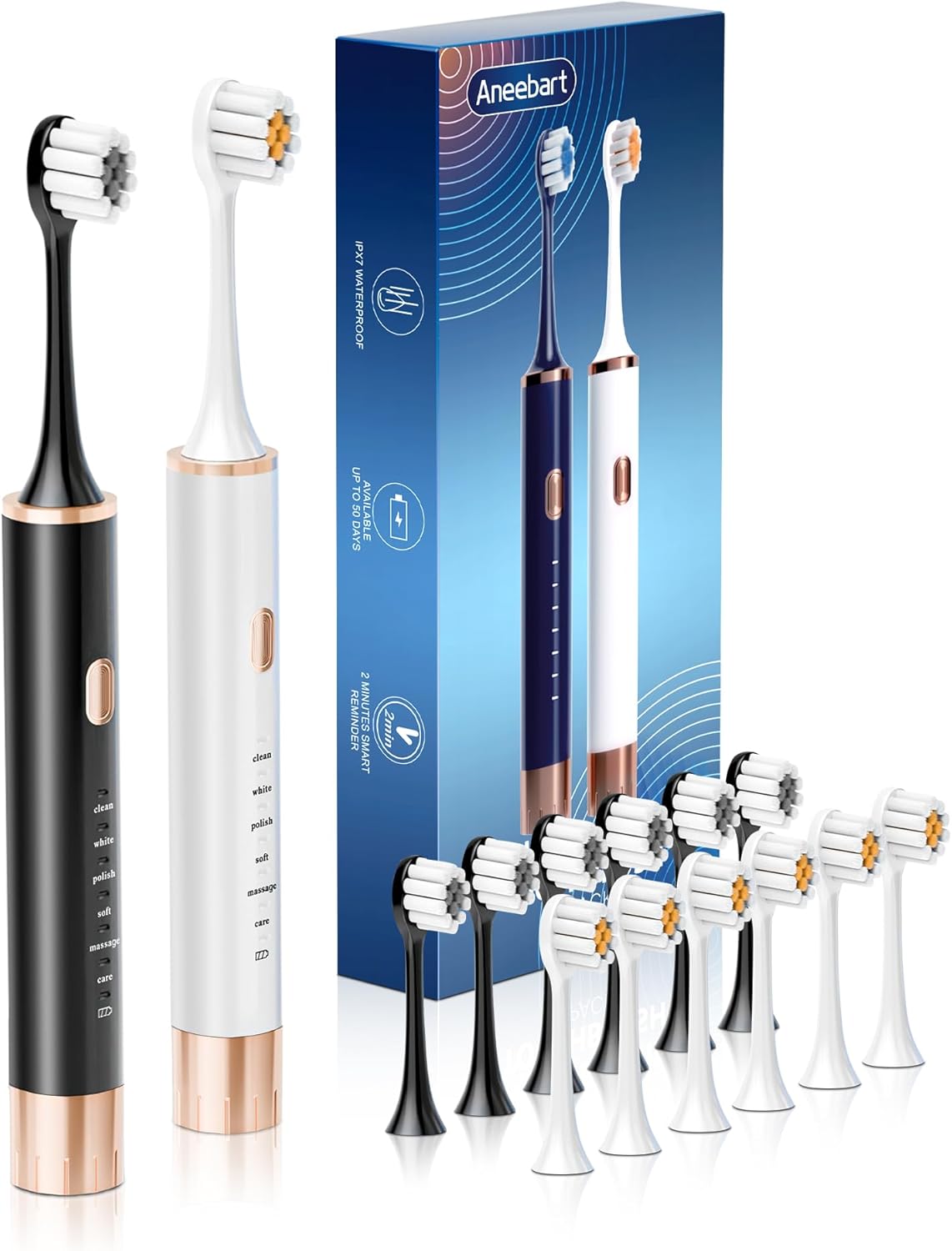 Sonic 2 Pack Electric Toothbrush for Adults and Kids, Travel Toothbrush Includes 12 Replacement Toothbrush Heads, 6 Modes with 2 MIN Smart Timer (Black White)