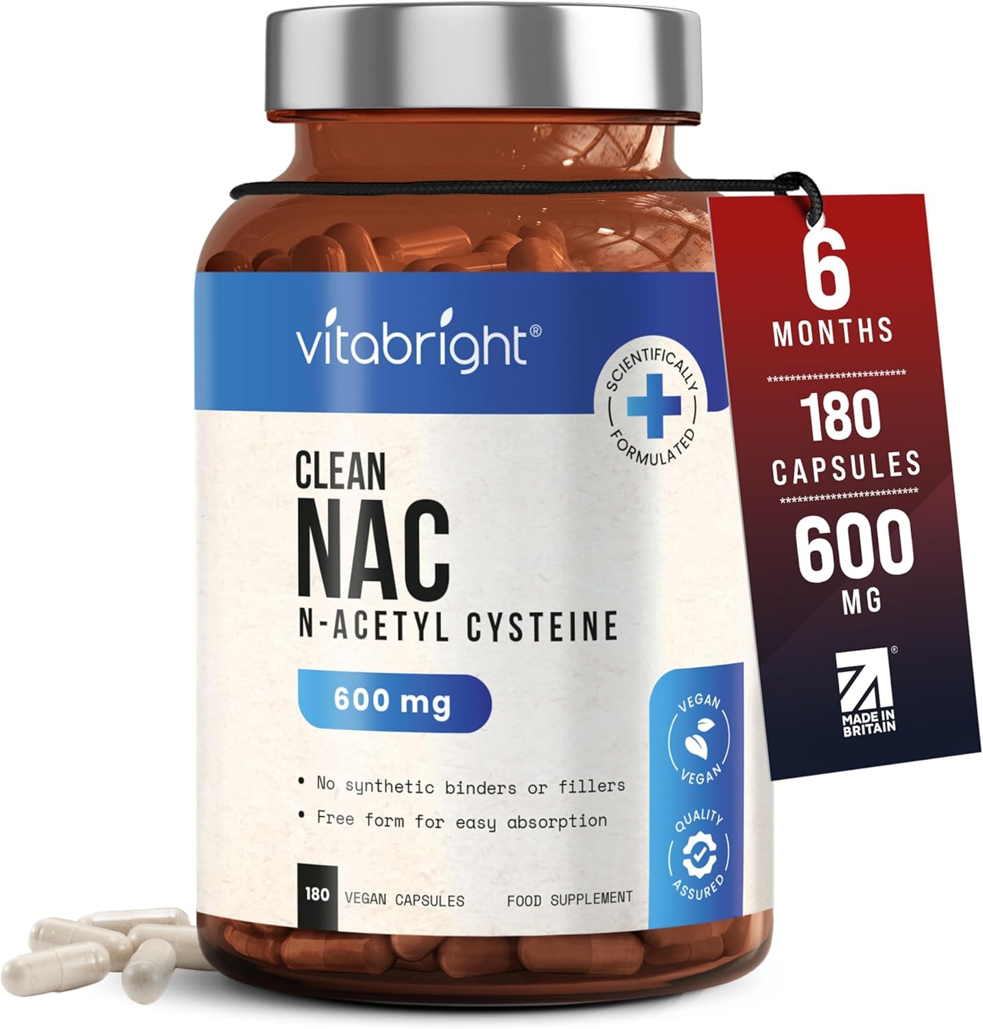 VitaBright NAC Supplement | 600mg | 180 Capsules | Acetylcysteine Nutritional Supplements | Swallow or Twist Open Capsules of Powder | Pure Clean NAC N-Acetyl-Cysteine 600mg Supplement