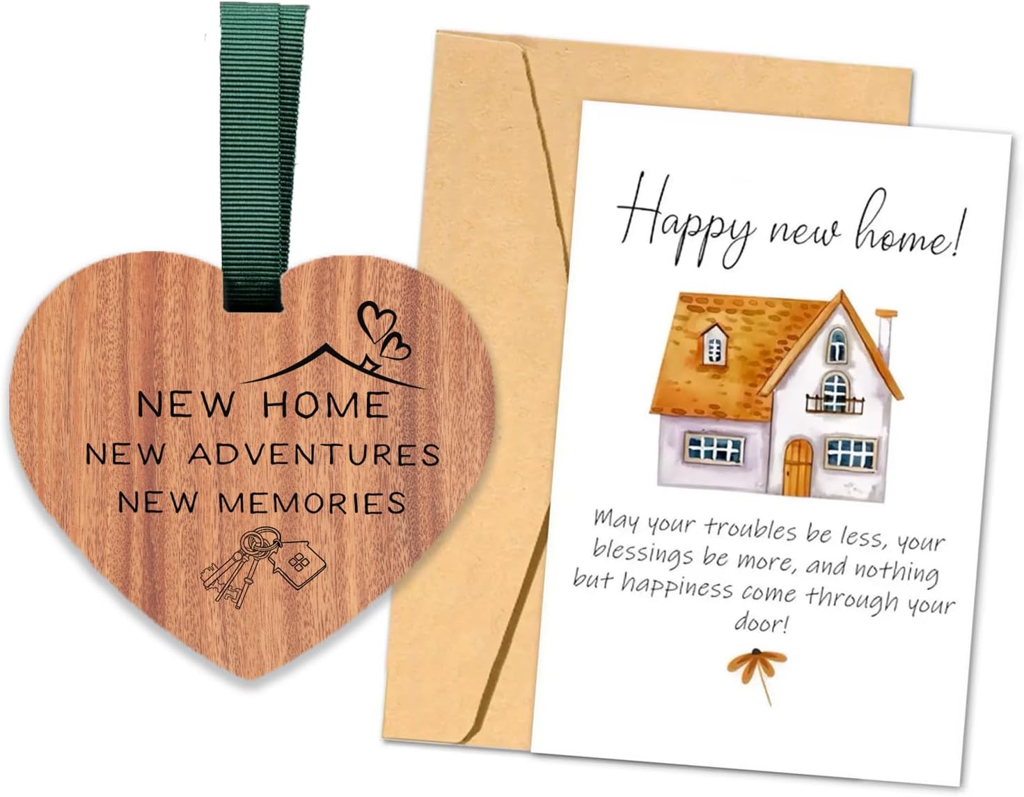 New Home Ornament, Wooden Pendant New House Congratulations with Greeting Card Present Adventure Happy Home Gifts Friends House Owners Christmas