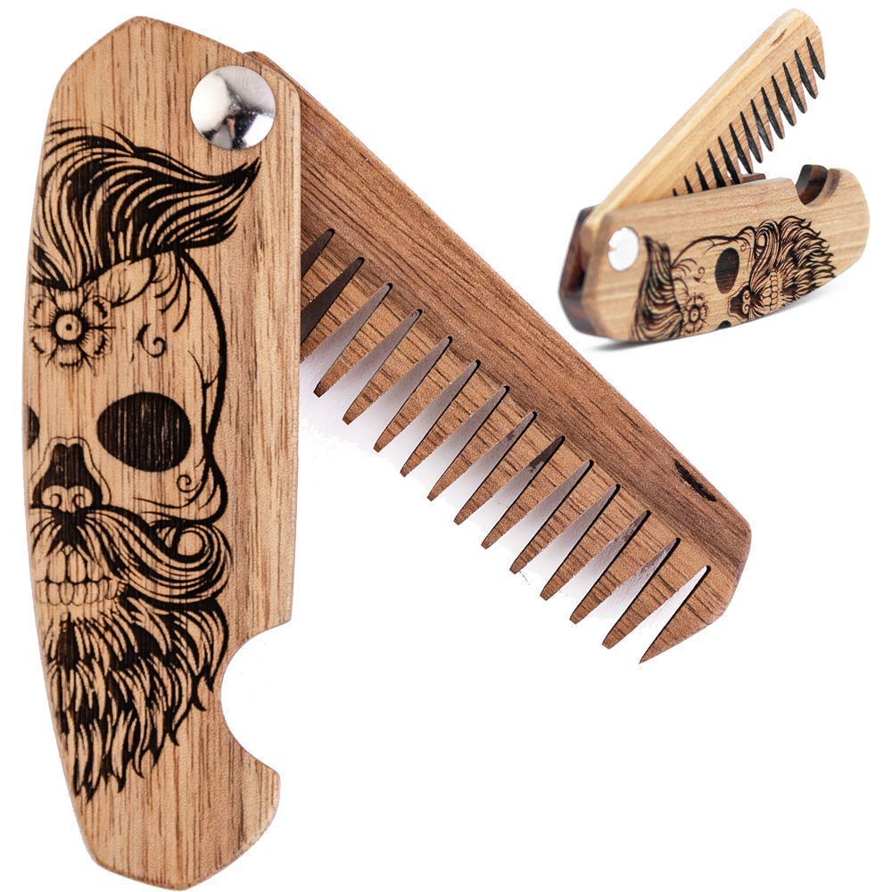 Enjoy The Wood Beard Comb for Men, Folding Pocket Beard Accessories for Men, Engraved Walnut Wooden Comb for Moustache, Beard & Hair - Perfect Gift For Him (Half Skull)