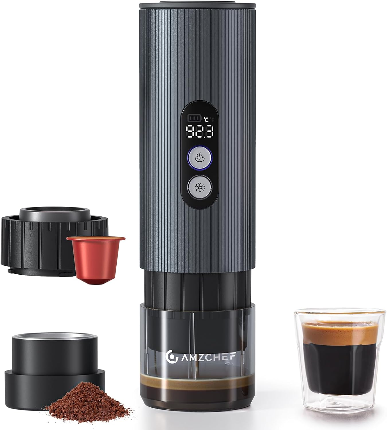AMZCHEF Portable-Coffee-Maker-Travel, 2-IN-1 Camping Coffee Maker, Portable Espresso Machine 20 Bar, Self-Heating, USB-C, LCD Display, with Ground Coffee & NS Capsule for RV, Hiking, Office