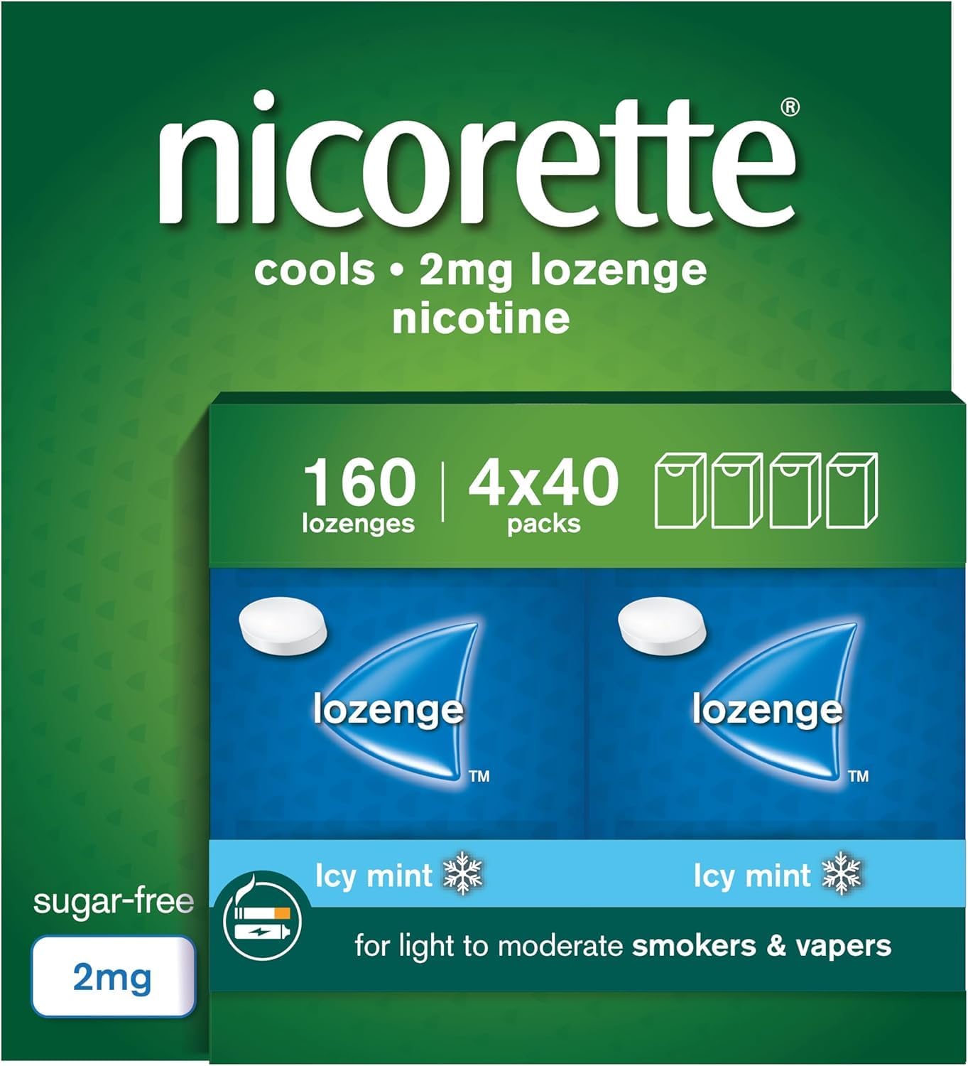 Nicorette Cools 2mg Lozenge, 160 Lozenges (4 x 40 Packs), Effective and Discreet Quit Smoking Aid for Cigarettes, Nicotine Lozenges with Dual-Layer Icy Mint Flavour Release