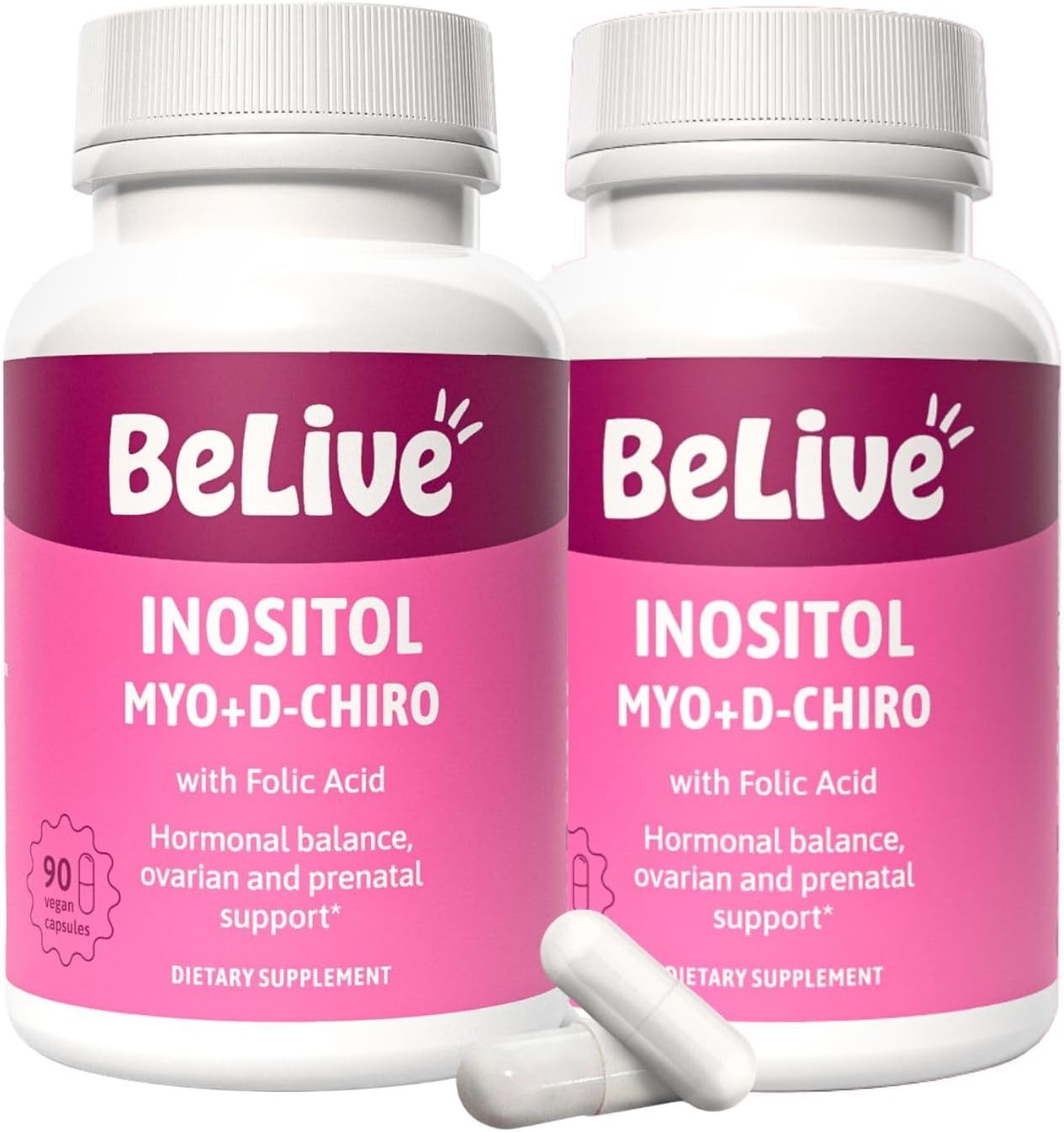 BeLive Myo-Inositol & D-Chiro Inositol Supplement – 2 Pack – 90 Capsules Each – 40:1 Ratio with Folic Acid for Women
