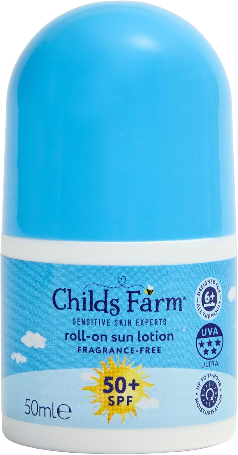 Childs Farm Kids & Baby Sun Lotion Roll-On SPF 50+ | UVA & UVB Very High Protection | Extra Water Resistant | Fragrance Free | Suitable for Dry, Sensitive Skin, 50ml