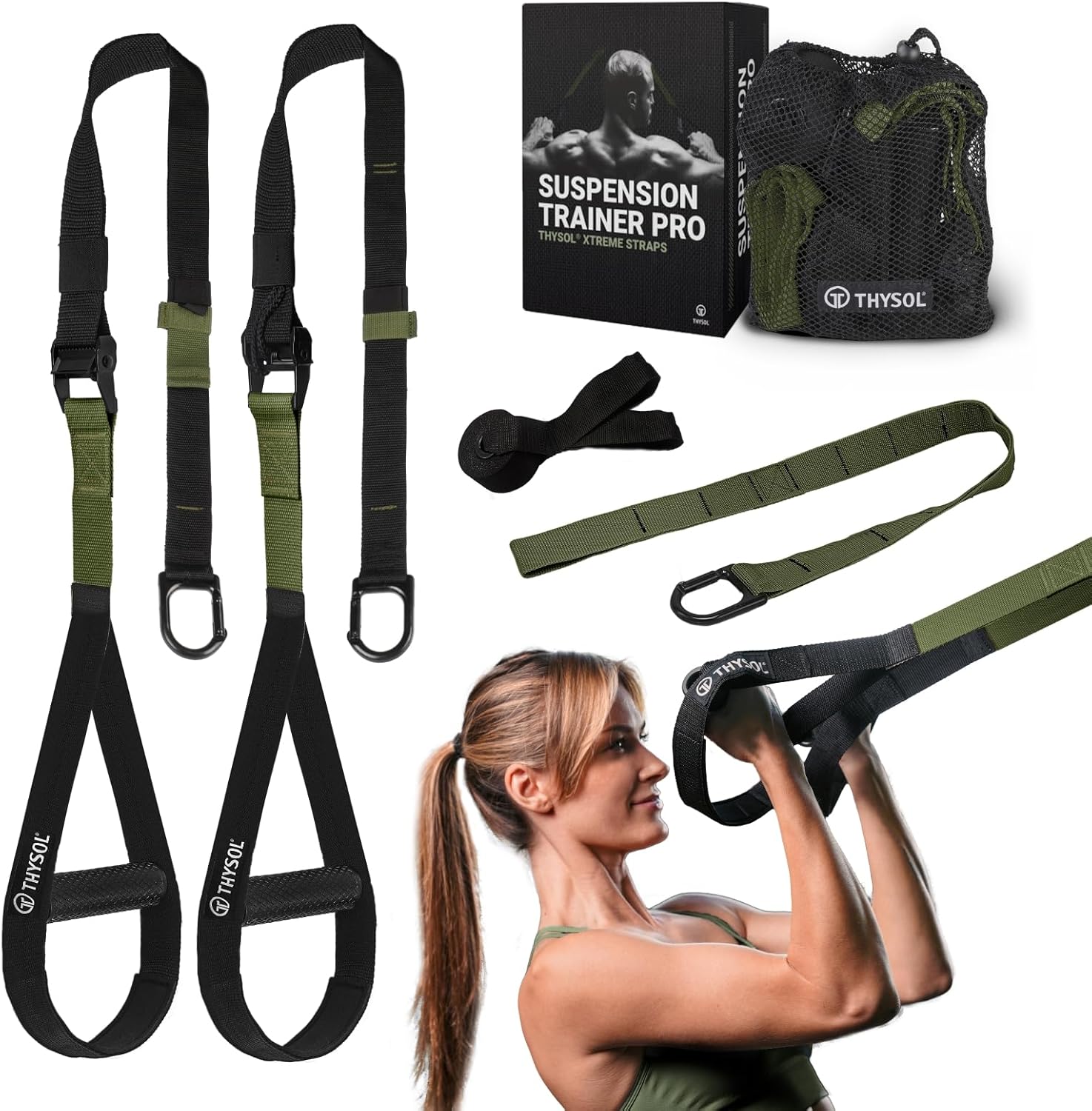 THYSOL® Resistance Trainer Pro Xtreme Straps Army | Sling Trainer Set with Adjustable Door Anchor | Fitness Home Workouts - Suitable for Travelling & for Training Indoor & Outdoor (Army Green)