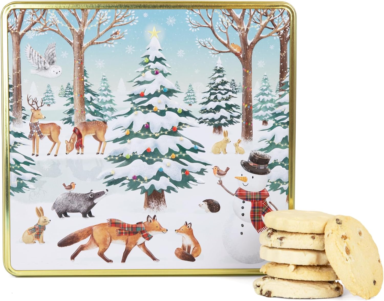 Festive Forest Square Christmas Biscuits Tin - Traditional Scottish Shortbread Biscuits Gift Set, Festive Filled Tins, Novelty Christmas Gifts - Luxury Biscuit Gift Sets for Women & Men
