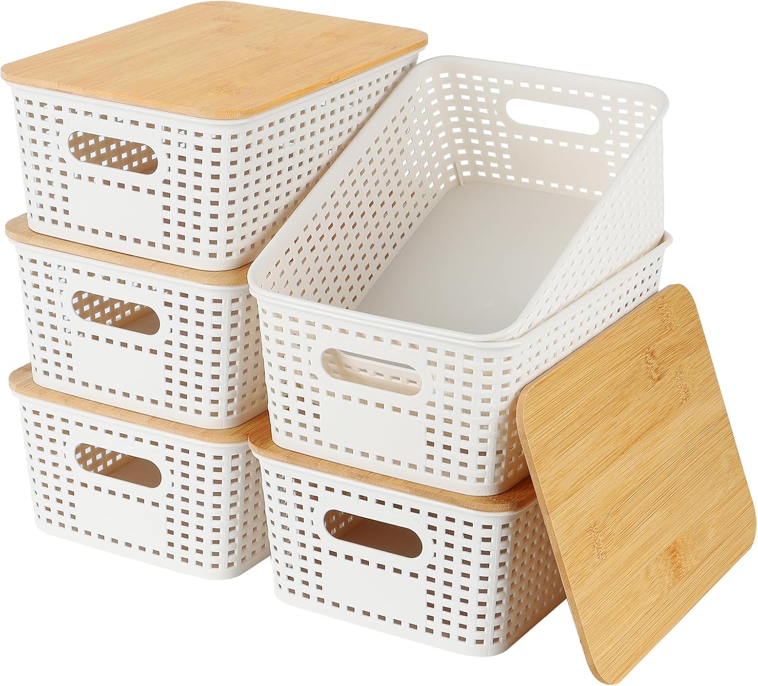Esilihom 6Pcs Storage Boxes with Bamboo Lid, Plastic Lidded Storage Baskets, White Stackable Boxes, Small Box with Lid for Kitchen Bathroom Desktop Closet Office, 5L