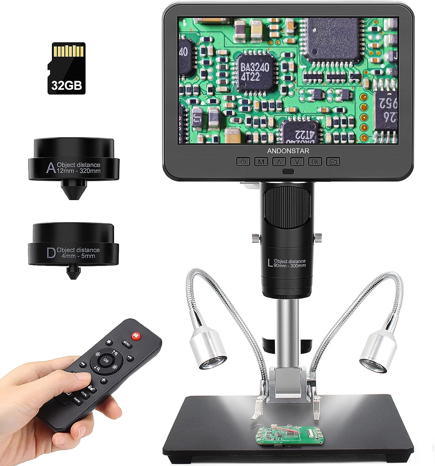 Andonstar AD246S-M HDMI Digital Microscope - 2000x, 3 Lens 2160P UHD Video Record, 7 Inch LCD Soldering Microscope
