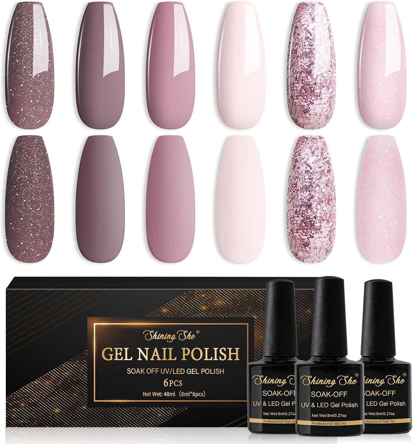 Shining She Nail Gel Polish Set, 6 Colours Pink Purple Taupe Glitter - Soak-Off UV/LED Nail Polish Gel Manicure for Nail Art Salon DIY Home, 8ML