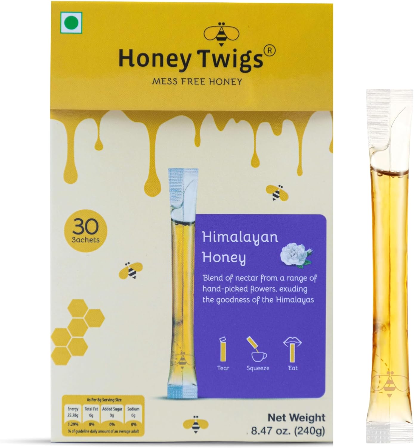Pure Himalayan Honey Sachets - 30 Count Single Serve Honey Sticks - 8 ml per sachet | 100% Pure, Healthy, On the Go, Mess Free| HONEY TWIGS