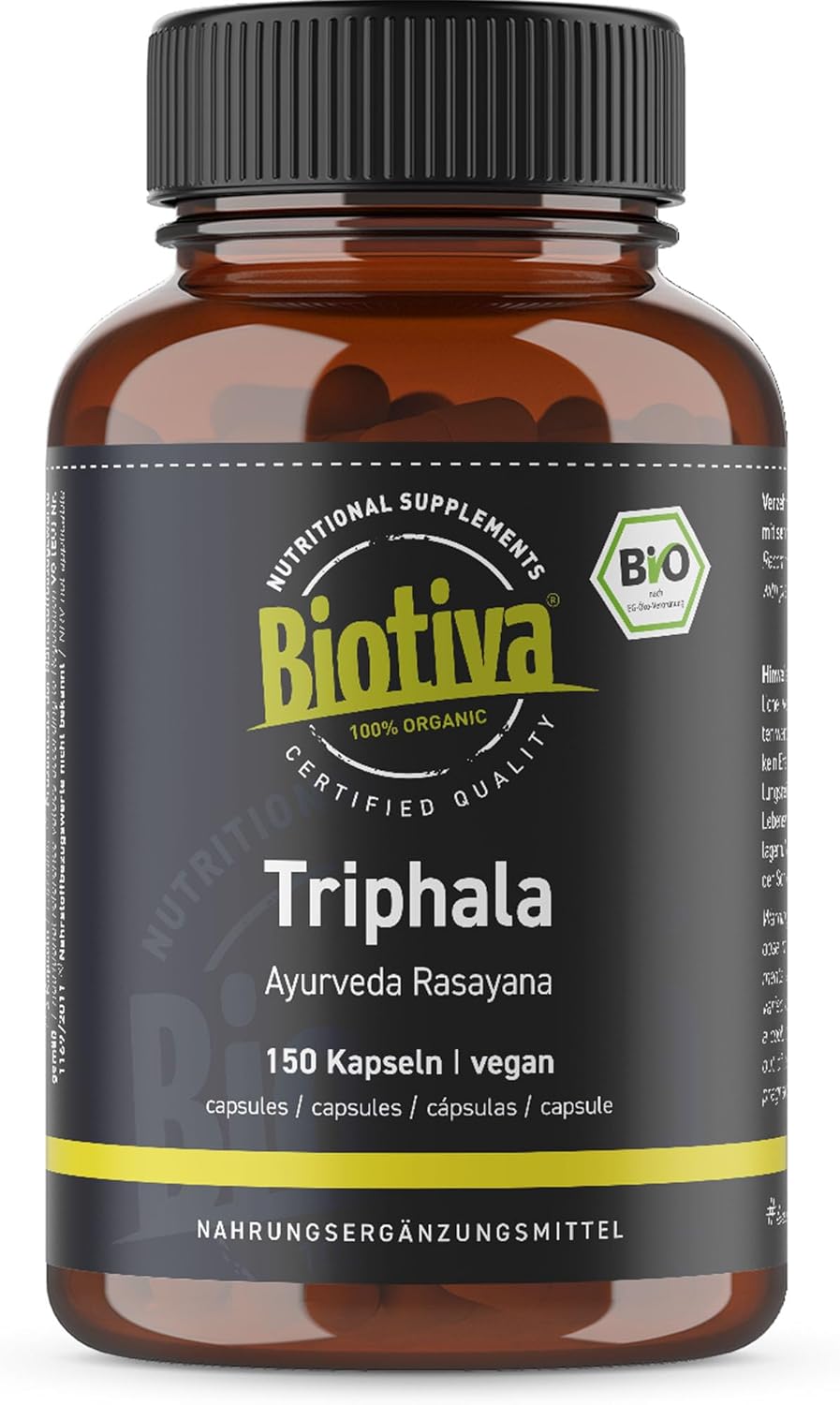 Biotiva Triphala Organic 150 Capsules - 500mg per Capsule - 75 Days dose - High dose Biotriphala - 100% Vegan - Best Value - Packed and Controlled in Germany (DE-ECO-005)
