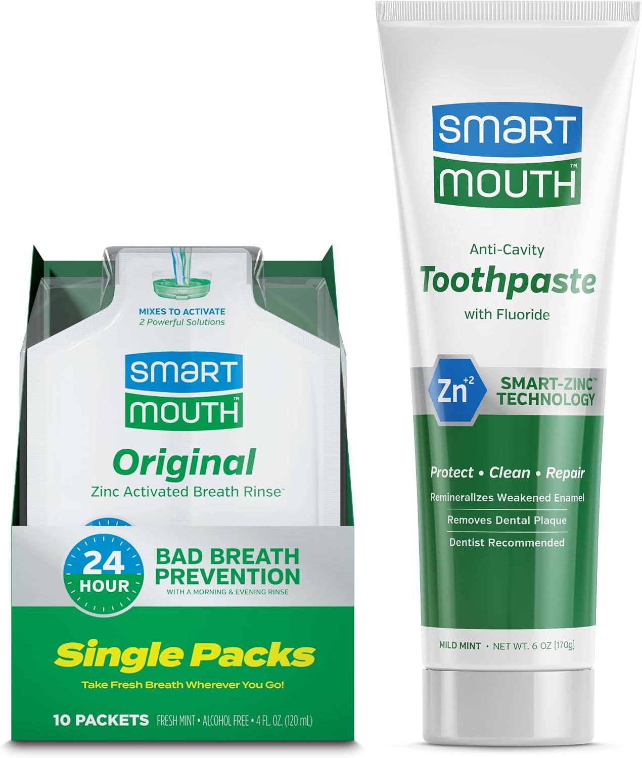 SmartMouth Original Activated Mouthwash Single Packs & Premium Anti-Cavity Zinc Toothpaste Oral Care Set - Instant Fresh Breath - Alcohol-Free - 10 Packets, 6 oz
