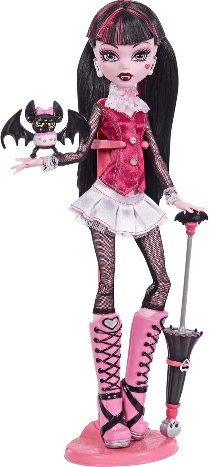 Monster High Draculaura Reproduction Doll Wearing Original Fashion & Shoes with Pet, Display Stand & Accessories, 10-5-inch Collectible Toy