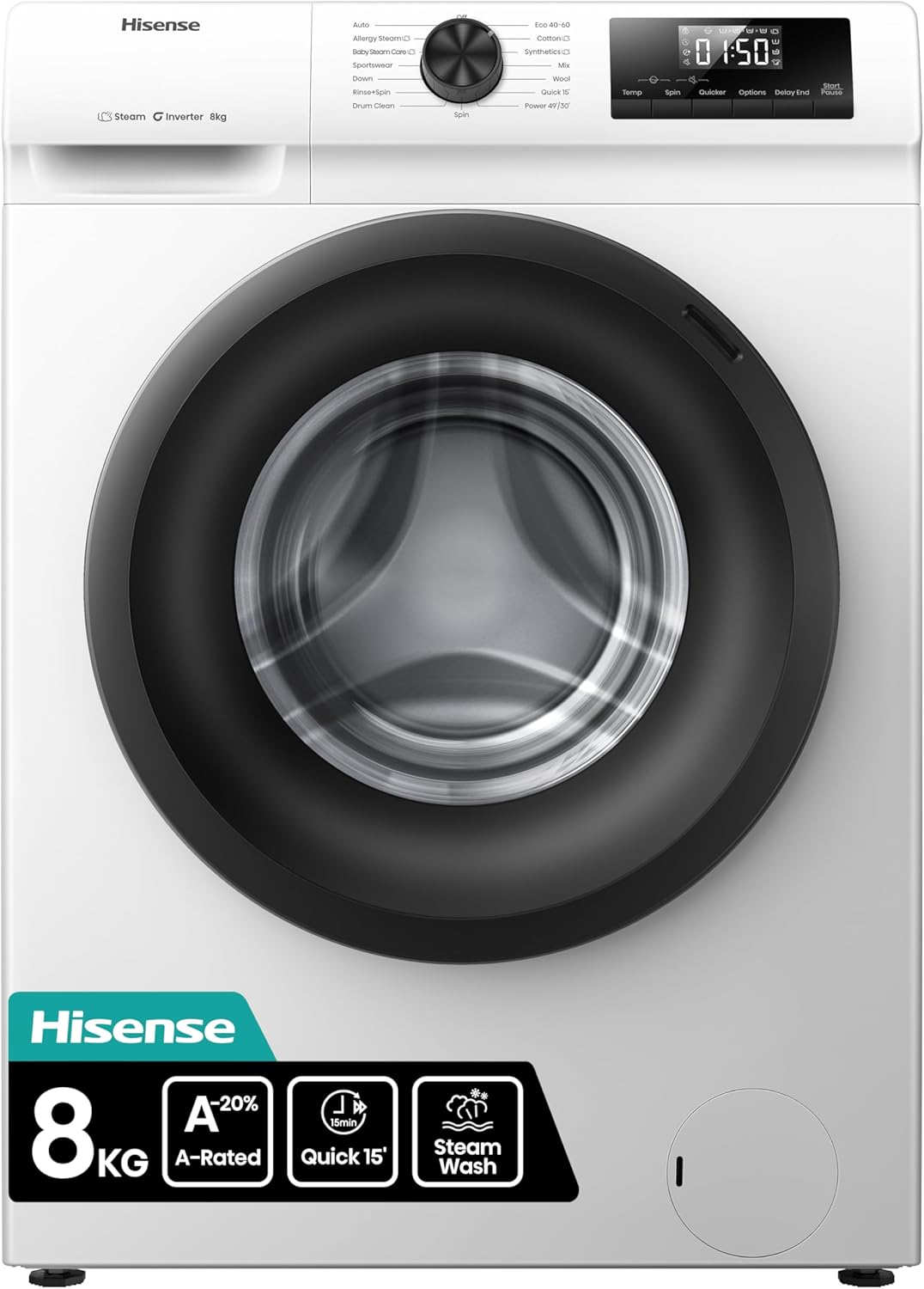 Hisense 1Q Series WF1Q8041BW Freestanding 8 KG Front Load Washing Durable Inverter Machine, Steam Wash, Quick Wash, 15 Washing Programs 1400 RPM White - Energy Rating A