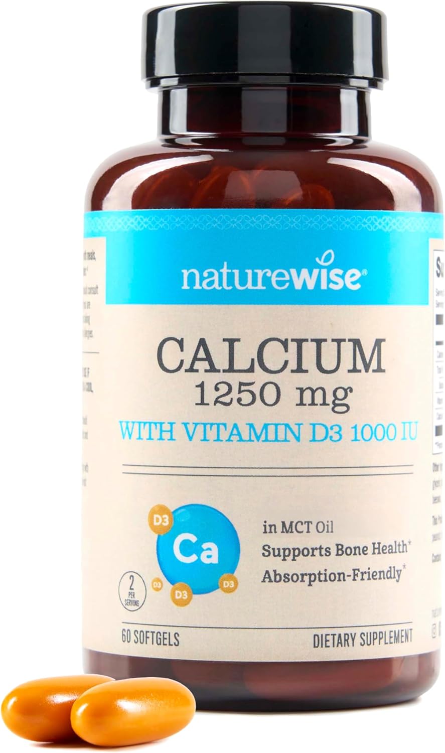NatureWise High-Purity, All-Natural Calcium 1250mg + Vitamin D3 1000IU + Organic MCT Coconut Oil - Pregnancy Safe + Non-GMO - Absorption Friendly, Gluten Free - 60 Softgels[30-Day Supply]