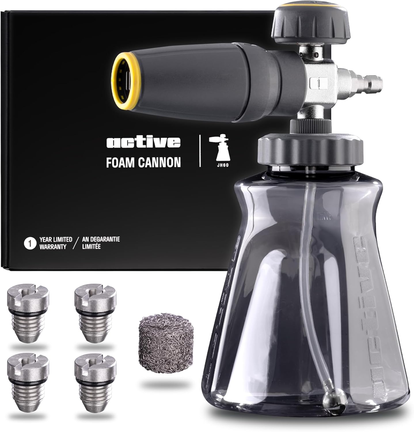 Active Foam Cannon for Pressure Washers (Gas & Electric), 1000ml Thick Snow Foam with Longer Run time. Adjustable & Transparent Wide Mouth Foam Sprayer w/Multiple Nozzles. Max 4000 PSI & 4 GPM (JH60)