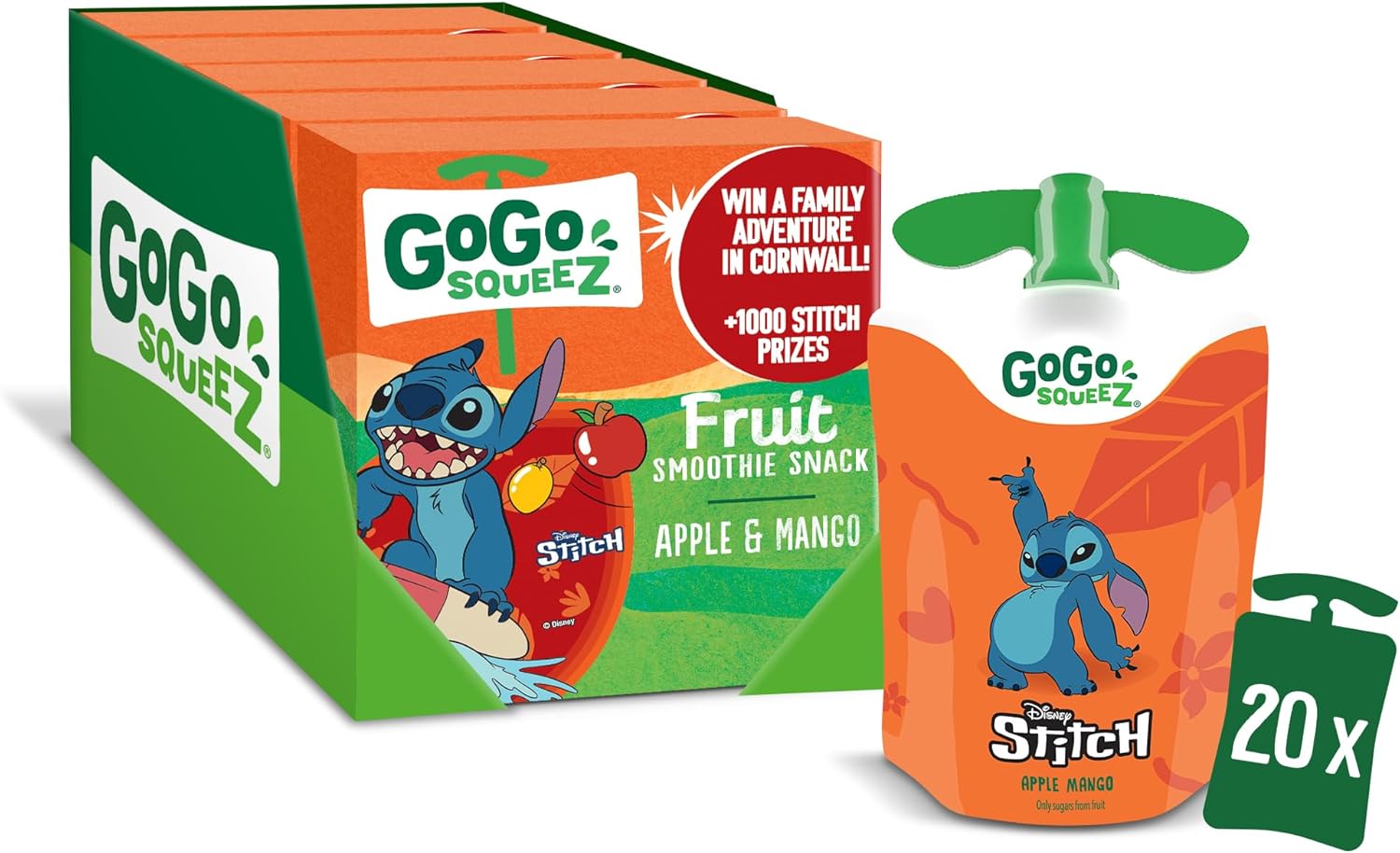 GoGo squeeZ Apple Mango Fruit Smoothie Snack,100% Real Fruit Blend, 20 x 90g Pouches, Snack for Kids & Adults, Gluten-Free, Vegan, No Added Sugar, School Lunchbox Friendly, On-the-Go Snacking