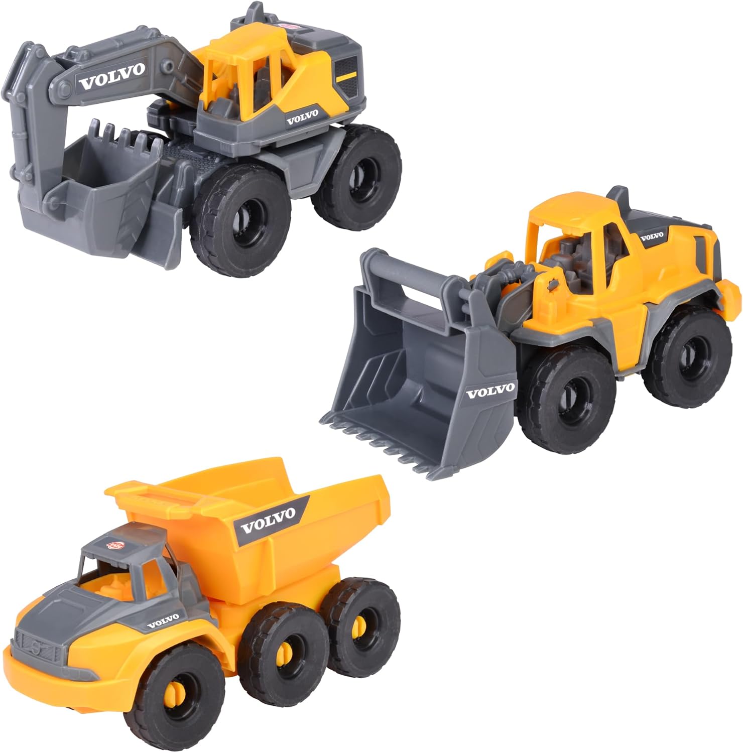 Dickie Toys - Volvo Construction Site Vehicles from 3 Years (3 Pieces) - Construction Set with 3 Toy Cars (Excavator, Wheel Loader, Dump Truck) for Children, Each 16 cm, Cars with Freewheel and Moving