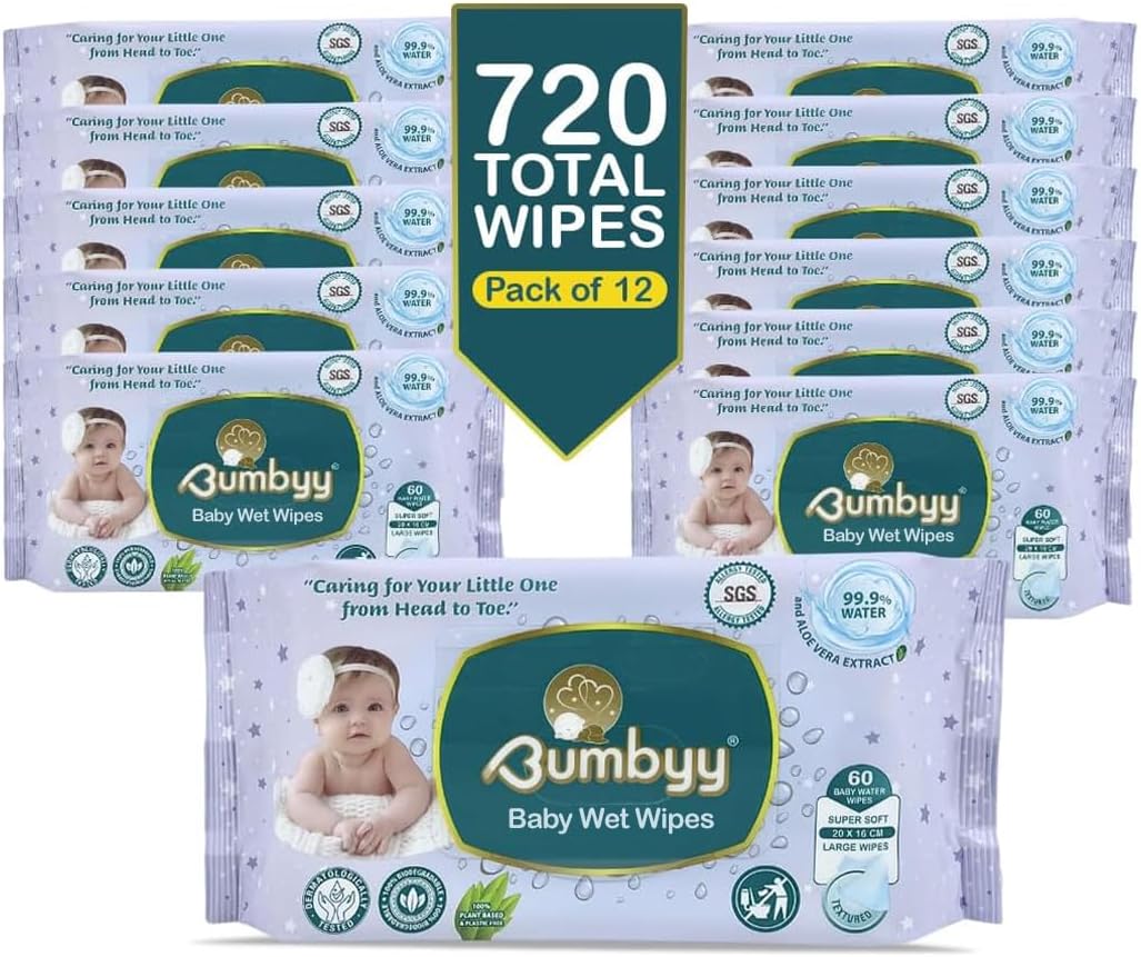 Bumbyy Water Based Wipes Baby – 720 Unscented Wet Wipes with 99.9% Pure Water, Natural, Biodegradable & Plastic-free with Aloe Vera & Chamomile Extract for Sensitive Skin - 60 Each (Pack of 12)
