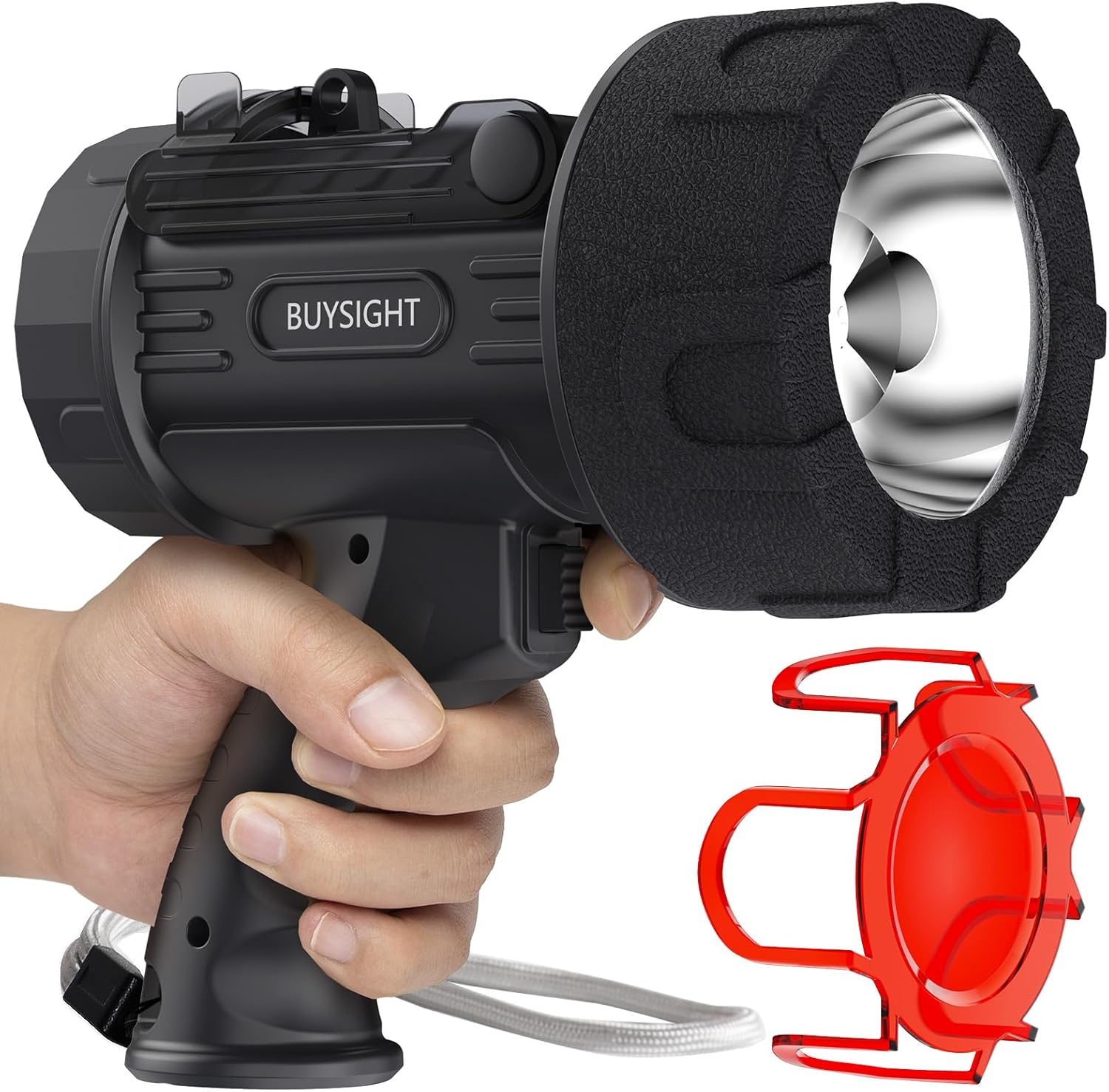 BUYSIGHT Rechargeable Spotlight Flashlight,300000 lumens Hand held Spotlight Waterproof Flashlight Hunting Lamp with red Filter (Graphite Black)