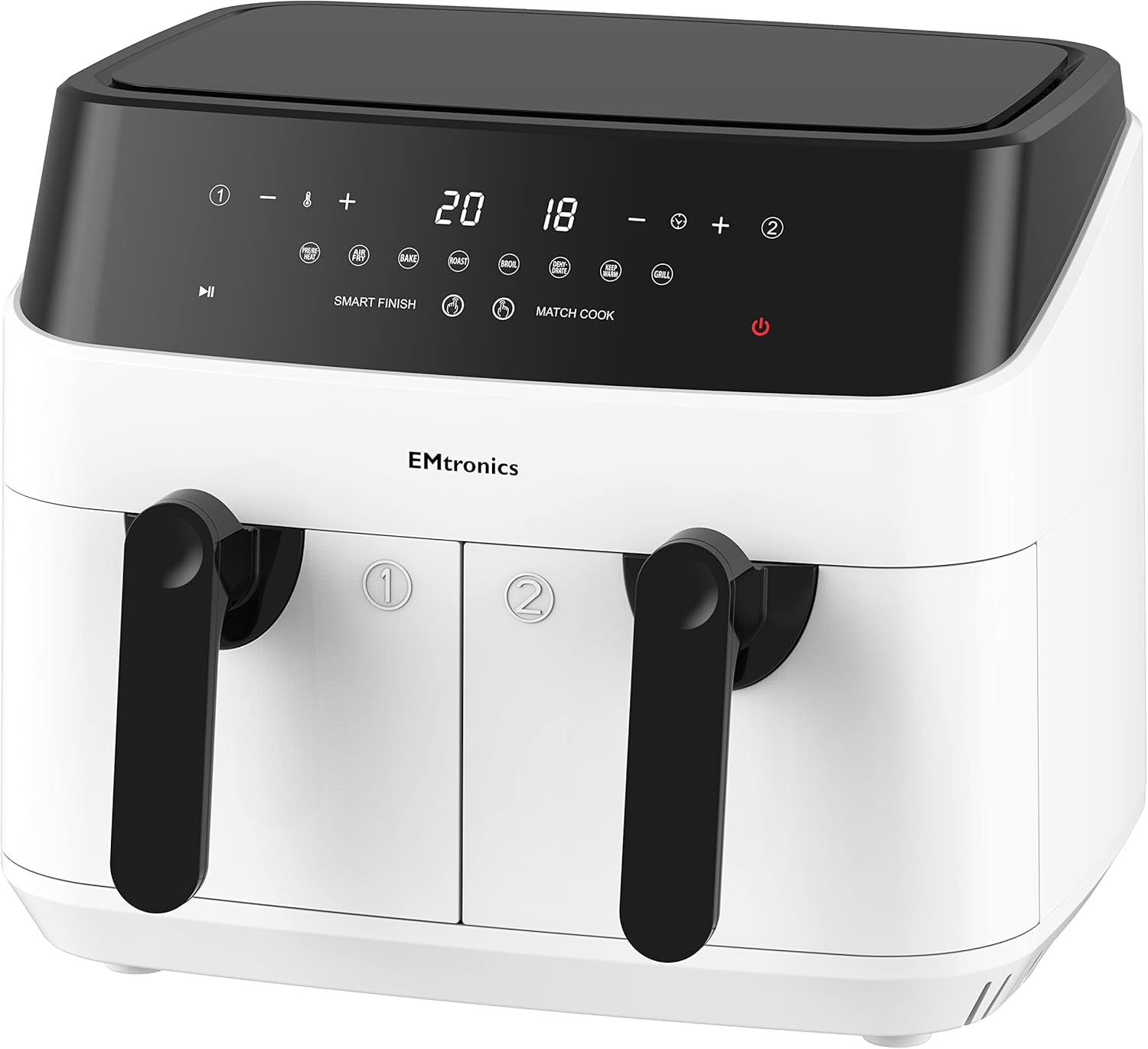 EMtronics EMAFDD9LWH Dual Air Fryer Extra Large Family Size Double XL 9 Litre with 8 Adjustable Pre-Set Menus for Oil Free & Low Fat Healthy Cooking, Easy Clean Metal Interior, 99-Minute Timer - White