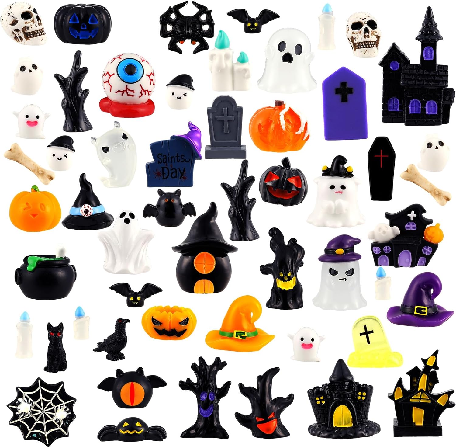 Bbiamsleep 54 Pcs Halloween Mini Resin Figurines Miniature Pumpkin Ghost Skull Tiny Resin Animals to Hide for Halloween Party Fairy Garden Decor