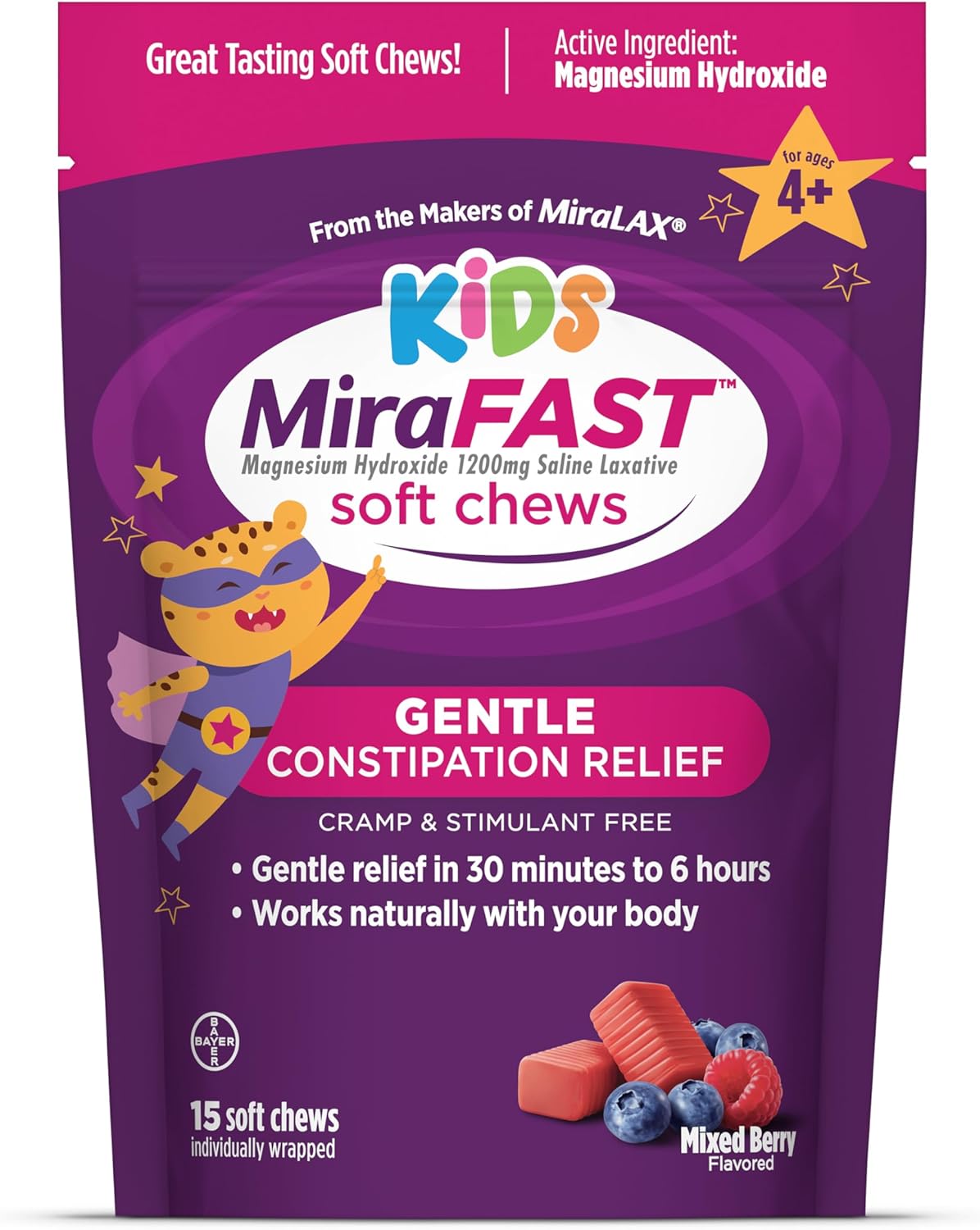 MiraFAST Kids Soft Chews, from The Makers of MiraLAX, Gentle Constipation Relief for Kids 4+ and Adults, Fast Acting Saline Laxative, Stimulant Free Saline Laxative, Mixed Berry Flavor, 15ct