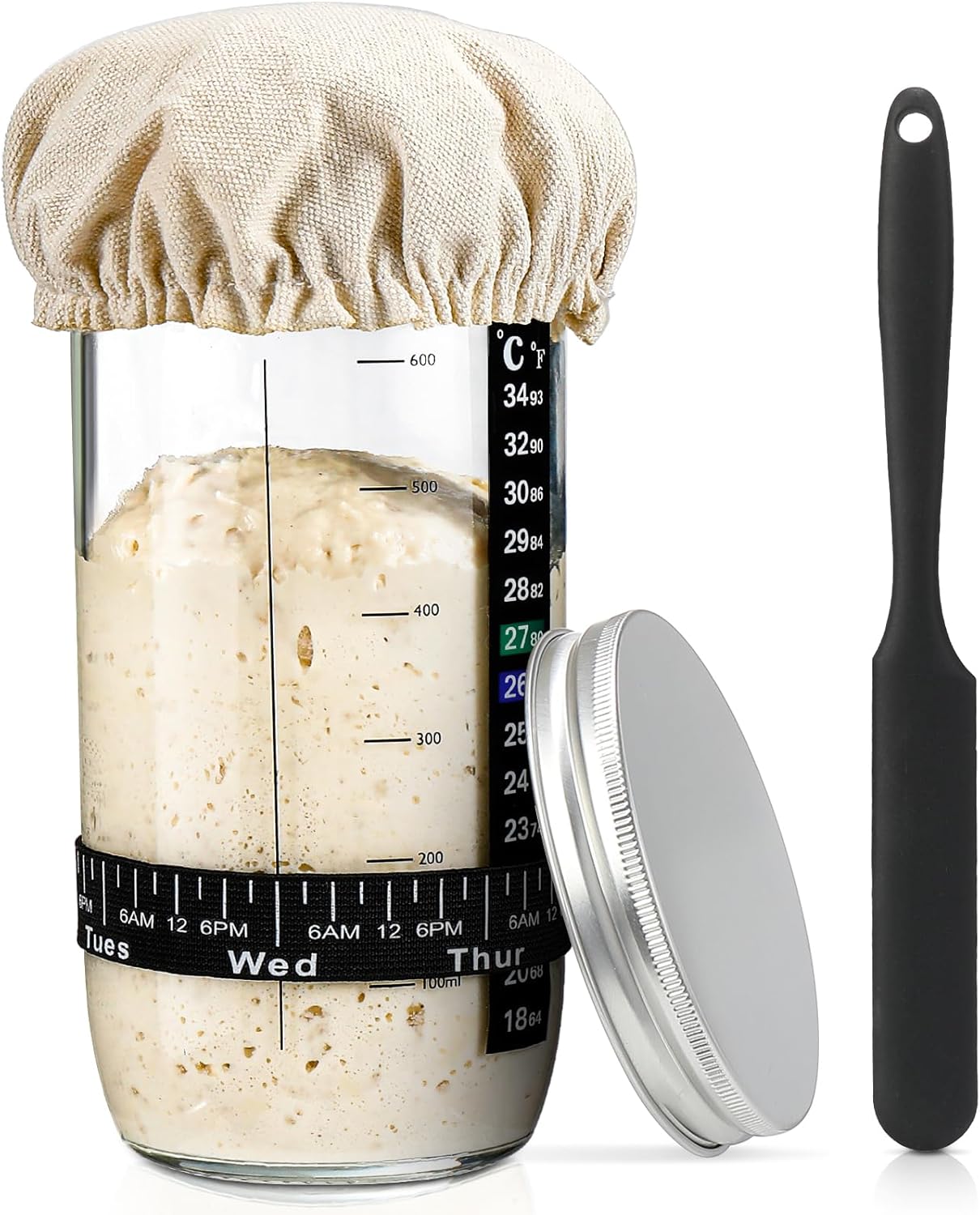 Sourdough Bread Baking Supplies,24 oz Sourdough Starter Jar Glass, Sourdough Starter Kit with Date Marked Feeding Band, Thermometer, Silicone Scraper, Sewn Cloth Cover & Aluminum Lid, Sourdough Jar