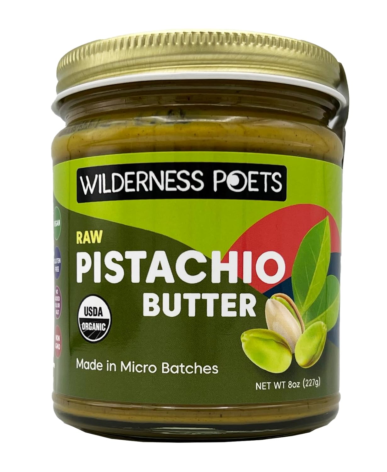 Wilderness Poets, Pistachio Butter - Organic, Raw, 100% Pistachio - Glass Jar (8 Ounce) - Perfect for Dubai Chocolate Bar Desserts with Kataifi or Savory Creations - Unsweetened, California-Grown