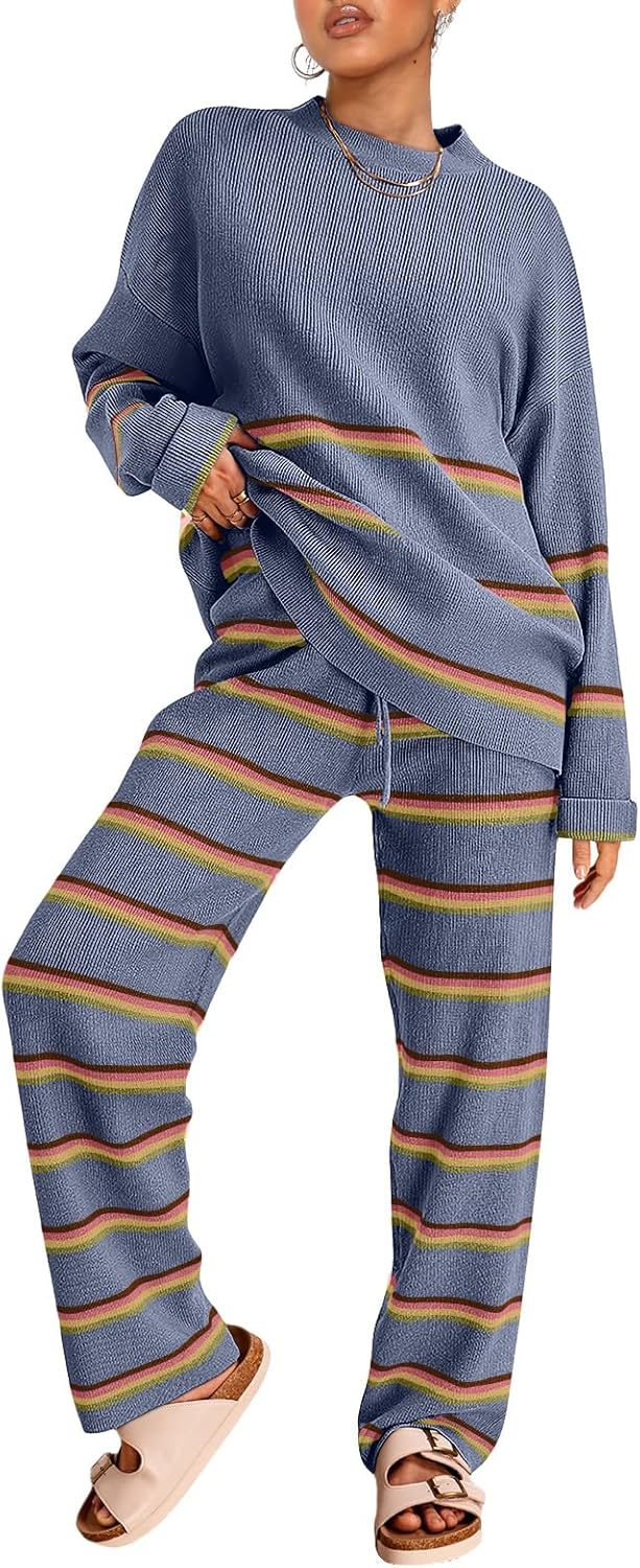 LILLUSORY 2 Piece Outfits for Women 2024 Fall Fashion Oversized Striped Sweaters Sets Cozy Lounge Sets Knit Clothes