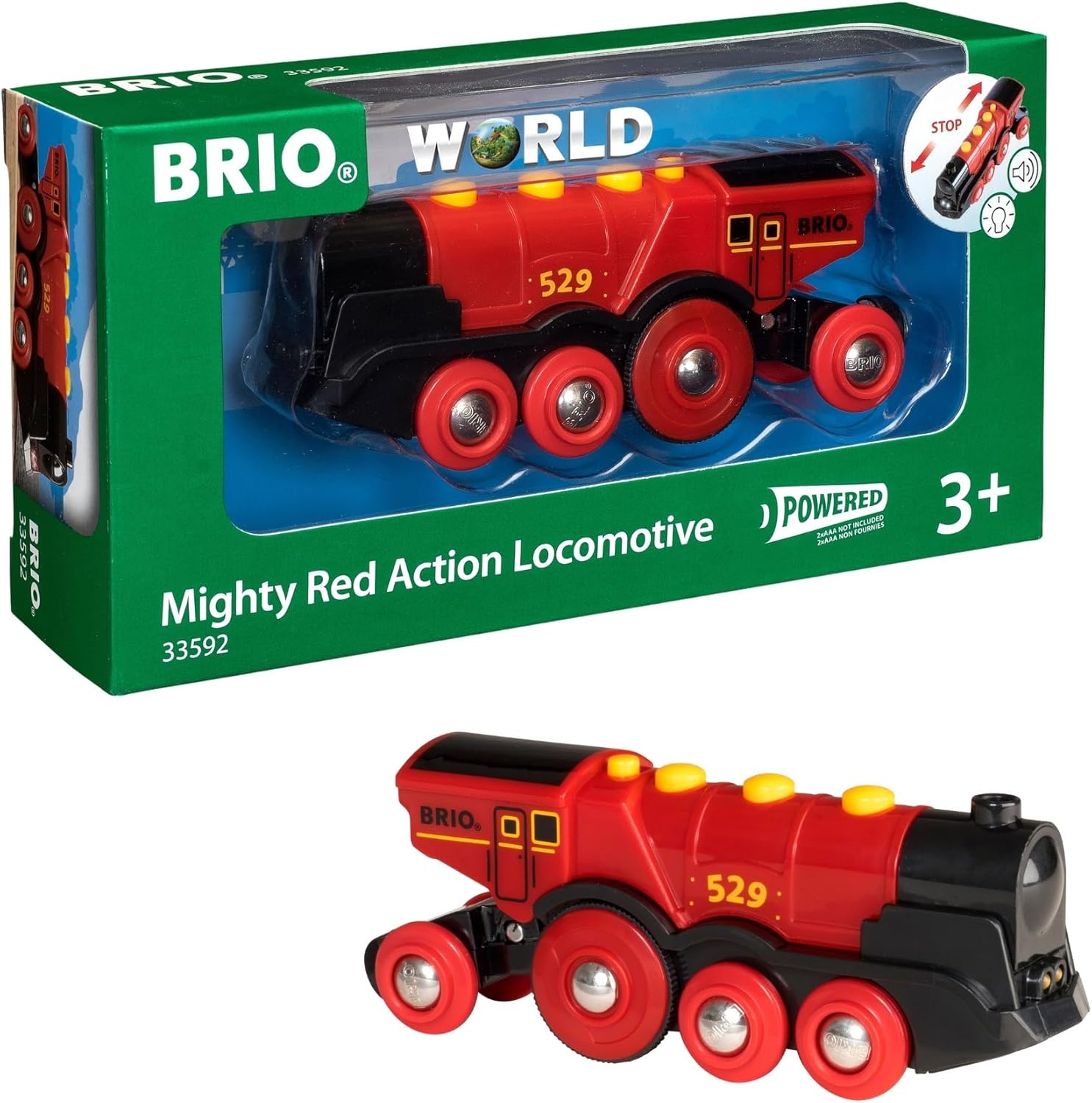 BRIO World Mighty Red Action Locomotive - Battery-operated Toy Train for Wooden Track - Motorized Train with Light & Sound - Compatible with All BRIO Railway Sets - Interactive Play - Kids Ages 3 & Up