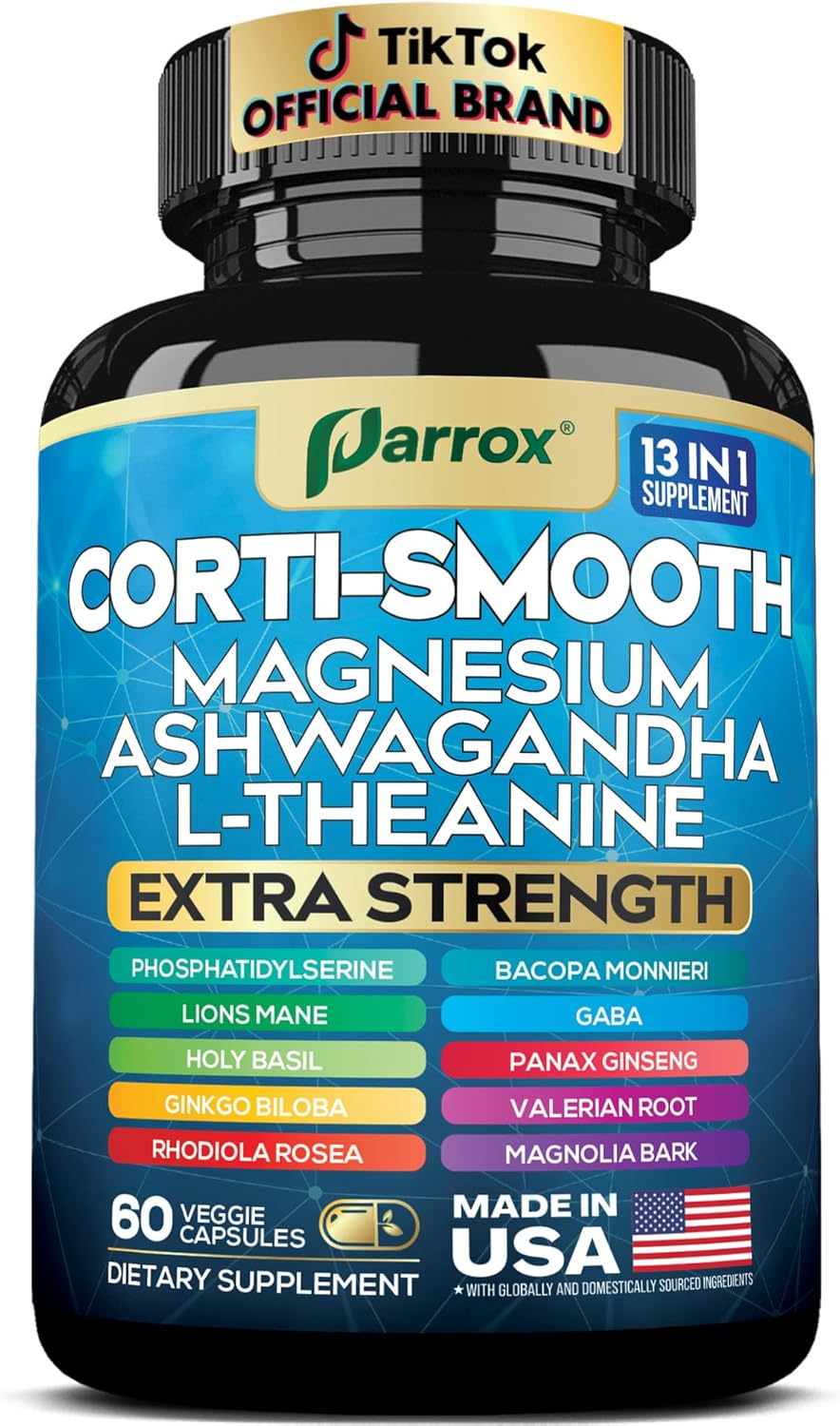 Corti-Smooth Cortisol Supplement Magnesium, L-Theanine, Ashwagandha, Phosphatidylserine, Valerian Root, Lions Mane, Bacopa Monnieri, Ginkgo Biloba, Panax Ginseng, Magnolia Bark, GABA (60 Caps)