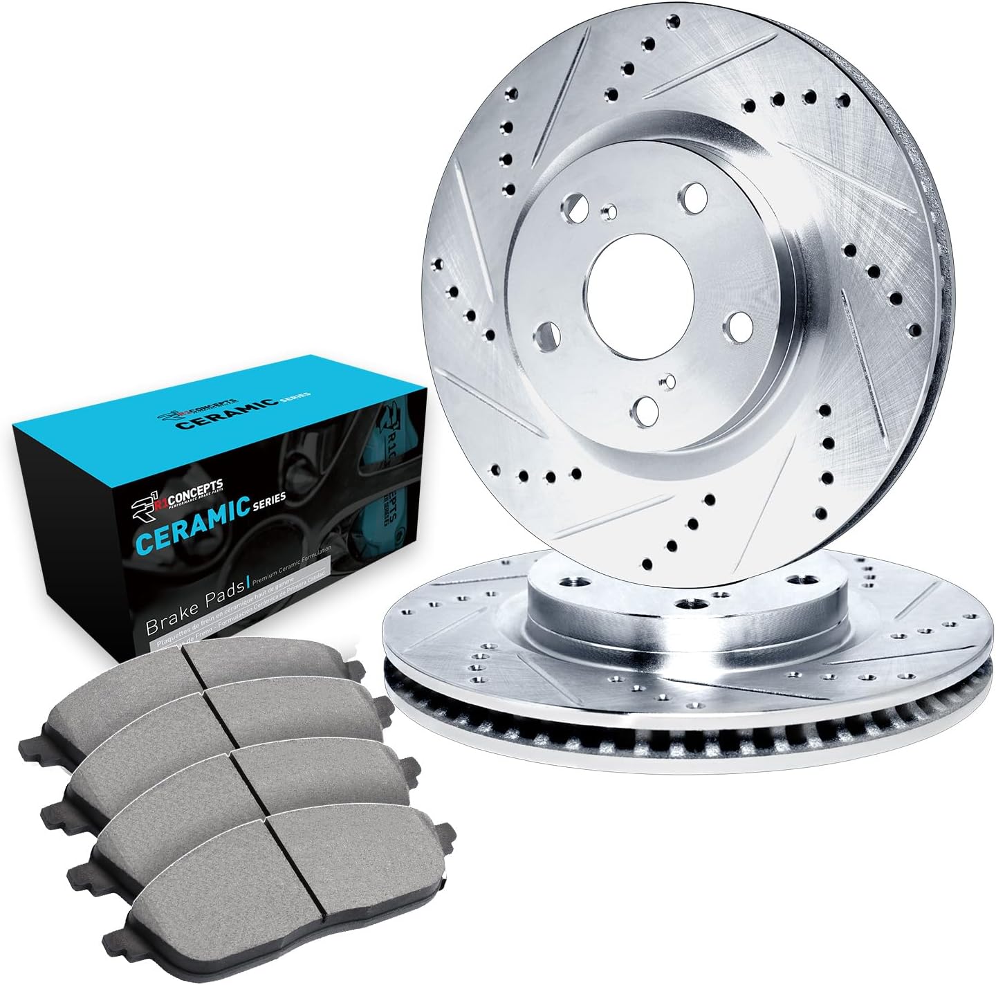 R1 Concepts Front Brake Kit For 2015-2018 Audi Q3, 2012-2020 Volkswagen Passat, 2009-2018 Volkswagen Tiguan| Drilled Slotted Brake Rotors| Ceramic Brake Pads and Rotors Kit