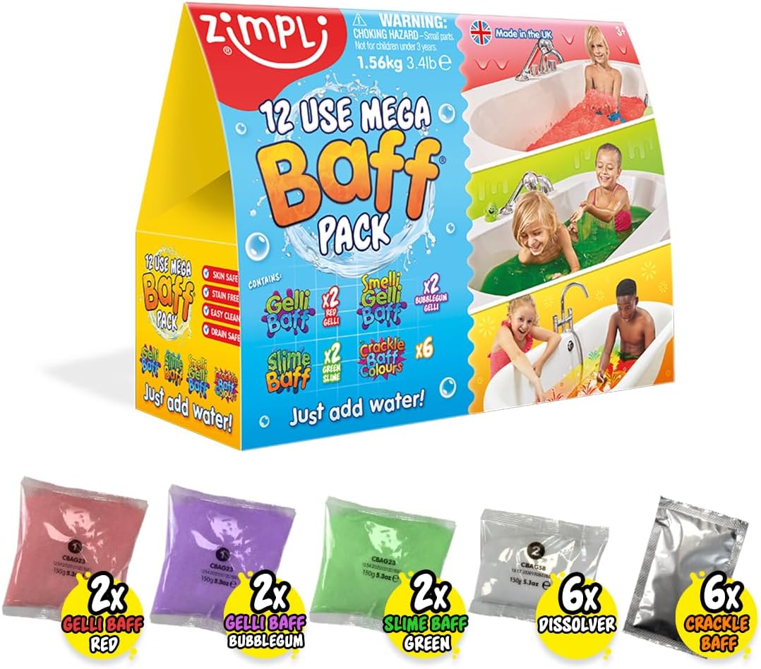 Zimpli Kids - 12 Use Mega Value Baff Pack, 4 x Gelli Baff, 2 x Slime Baff & 6 x Crackle Baff, Children's Bath Toy, Sensory Birthday Present for Boys & Girls