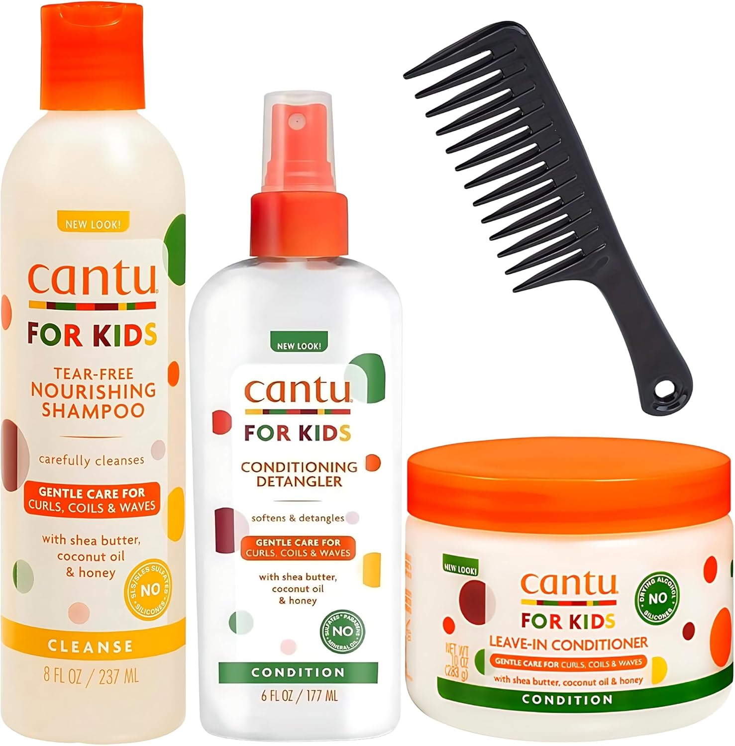 Complete Kids Curly Hair Products Bundle – Cantu Kids Leave-In Conditioner, Nourishing Cantu Shampoo, Conditioning Detangler Spray & Wide-Tooth Comb for Easy Styling & Healthy Curls