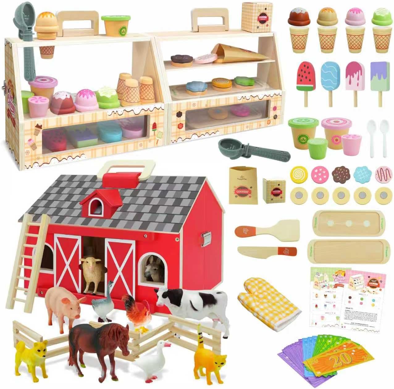 Farm Animal Toys with Portable Large Wooden Barn & 2 in 1 Portable Wooden Ice Cream Toy & Cookie Play Set (63pcs)