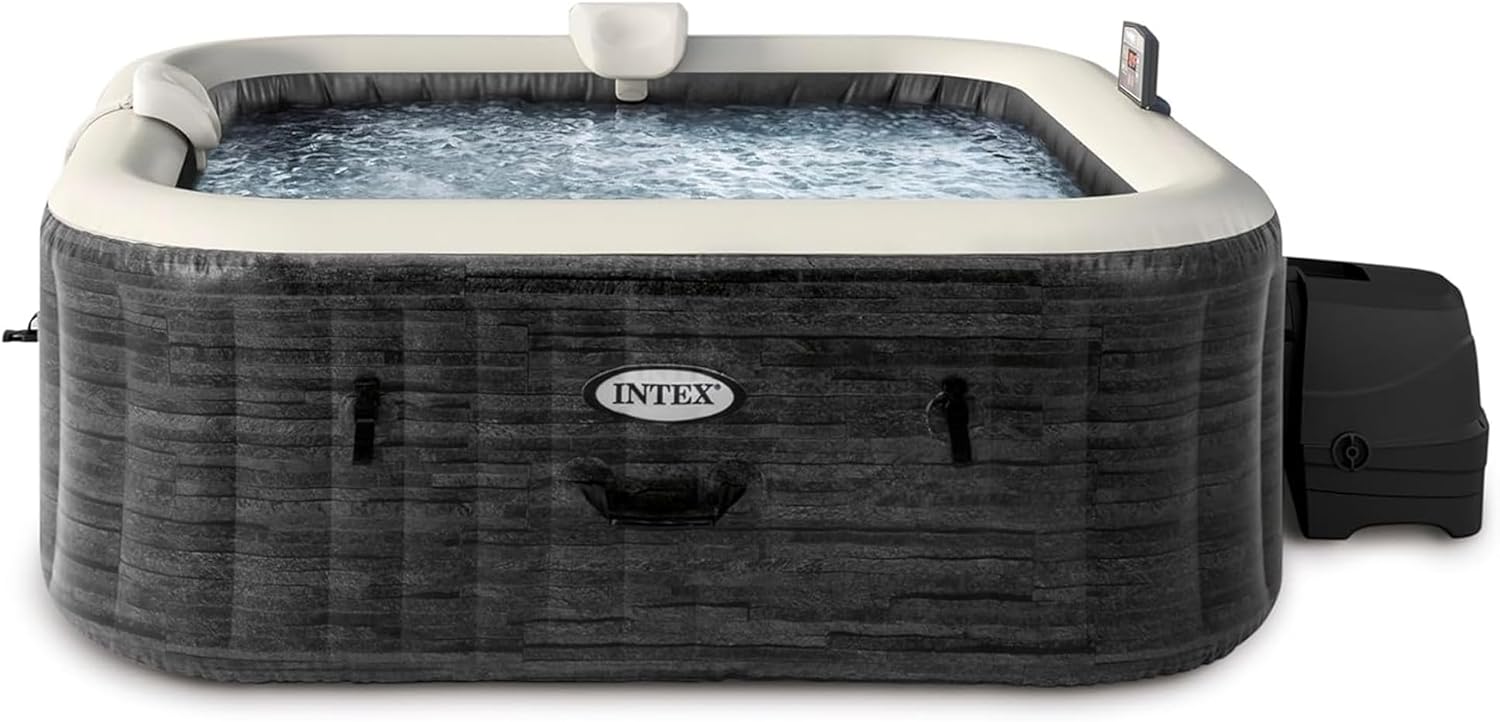 INTEX 28451EP PureSpa Greystone Deluxe Spa Set: Includes Energy Efficient Spa Cover and Wireless Control Panel – Spa Control App – Built-in FastFill Inflation System – 6 Person Capacity – 77" x 28"