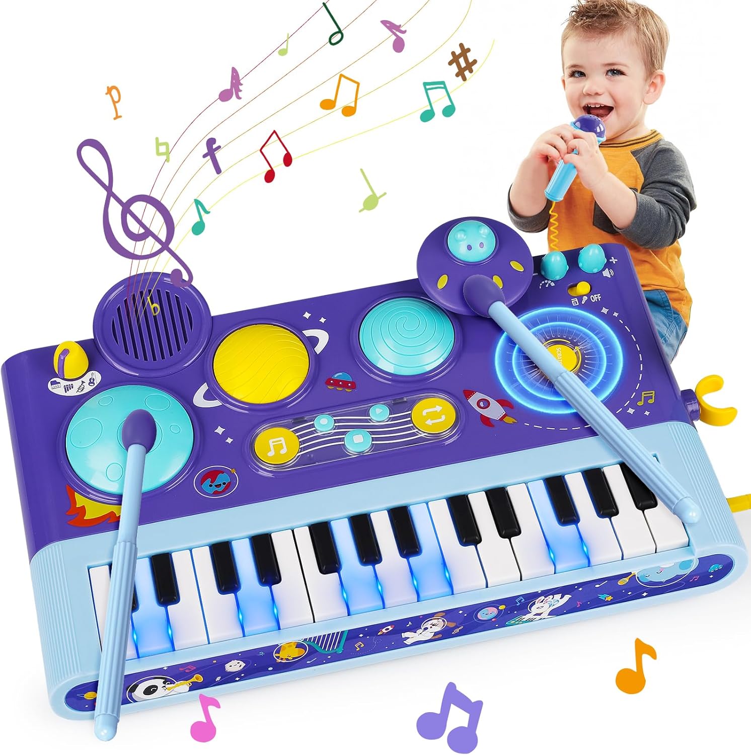 5 in 1 Toddler Musical Toys Piano Keyboard Xylophone Drum with Microphone 1 2 3 Year Old Girls Boys Music Toy Piano for Kids Ages 1-3 2-4 DJ Table Instruments Learning Baby Birthday