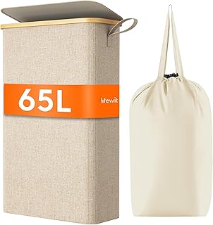 Lifewit 65L Slim Laundry Hamper with Lid, Narrow Laundry Basket with Removable Bag & Bamboo Handles, Fodable Thin Dirty Clothes Hamper for Laundry Collapsible Bin for Bathroom Bedroom Dorm, Beige