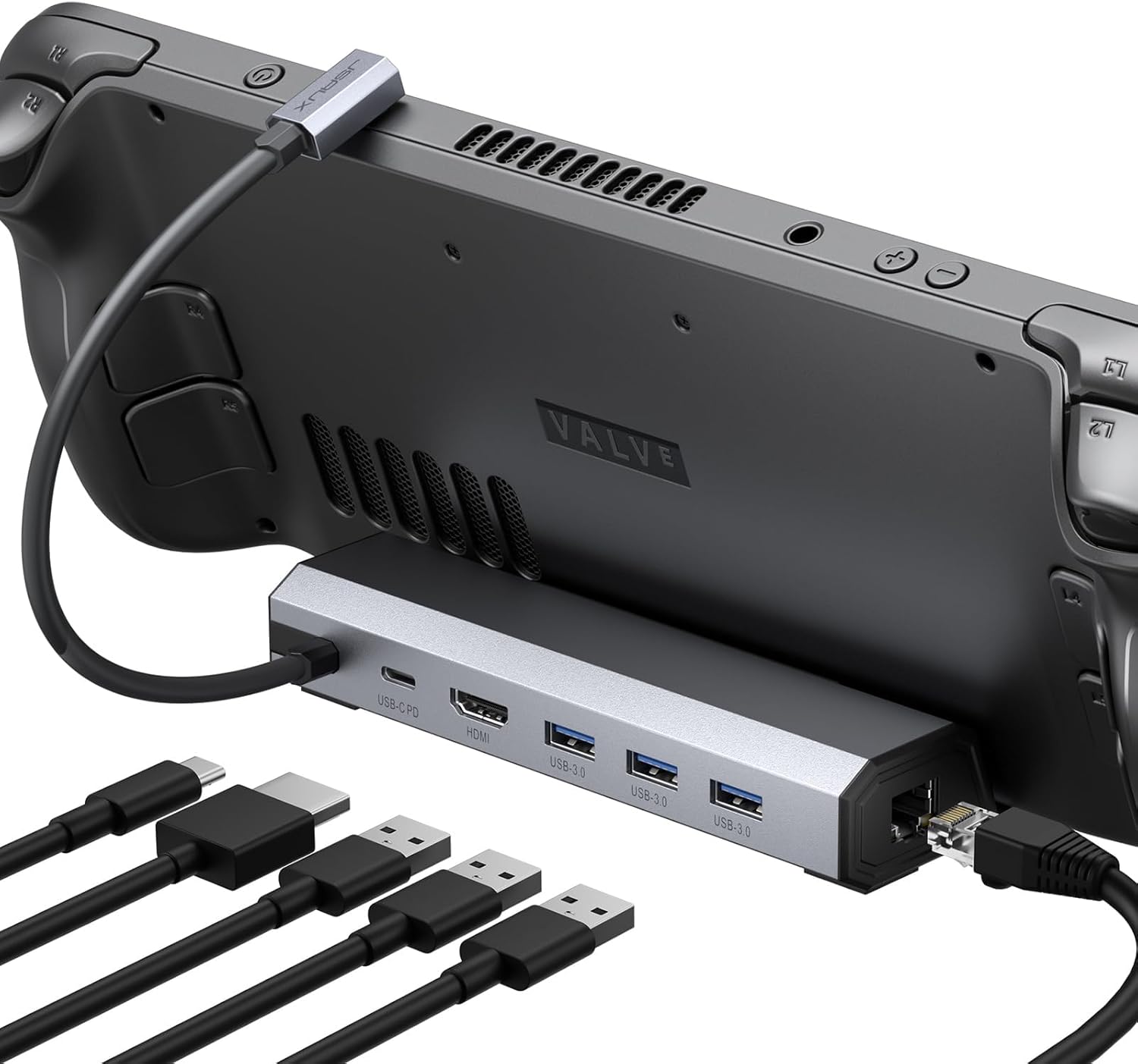 JSAUX Steam Deck Dock, 6-in-1 Docking Station Compatible with Steam Deck/OLED/ROG Ally/Legion Go S/MSI Claw, Steam Dock with HDMI 2.0 4K@60Hz, Gigabit Ethernet, 3 USB A 3.0 and 100W USB C Port-HB0603