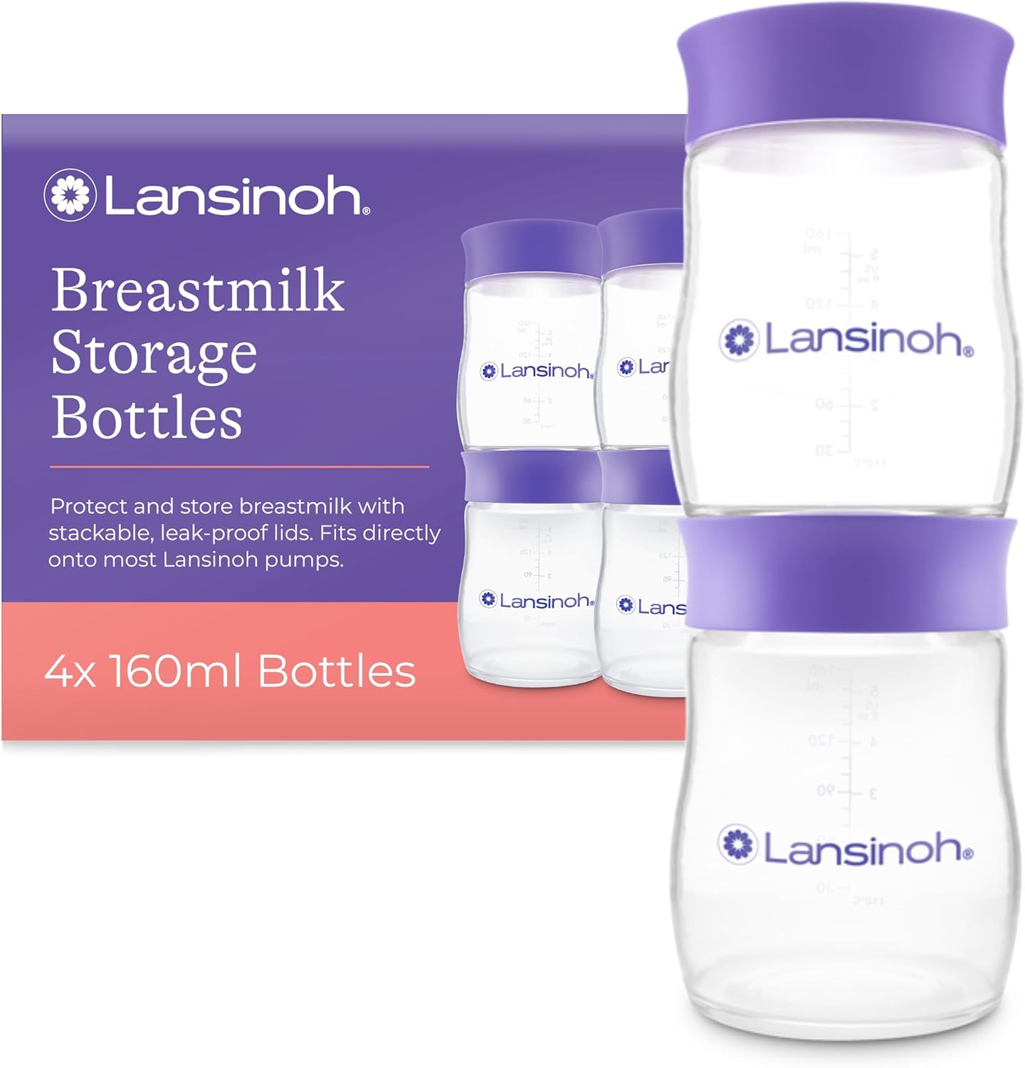 Lansinoh Breastmilk Storage Bottles - 4 x 160 ml - Stackable BPA-Free Leak-Proof Breastfeeding Newborn Essentials Fridge Freezer Reusable Baby Food Storage Containers Weaning Breast Milk Feeding