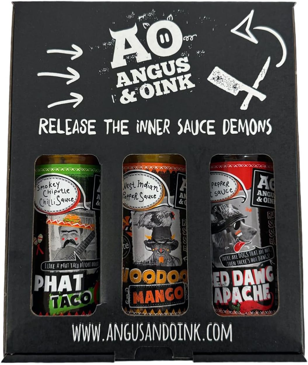 Angus & Oink | Hot Sauce Gift Set | 1 x Hot Apache Red Dawg 1 x Voodoo Mango 1 x Phat Taco Chipotle | Classic Hot Sauce Collection | Set of 3